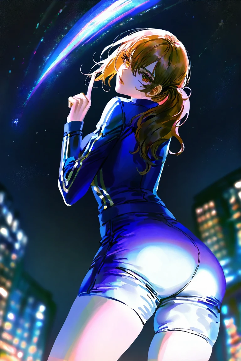 masterpiece,best quality,artist:nixeu,artist:quasarcake,
misaki \(doa\), 1girl, solo, overlooking, from from below, from behind, upper body, looking back, index finger raised, leaning forward, head tilt city, (night sky:1.3), (night view, shooting star:0.8), (virtual, long exposure, deep glow effect, artistic filter:1.2), hdr, rim lighting, (depth of field:1.2) 
 <lora:doa_misaki_noobxl_vpred65s_v10-000010:0.9>