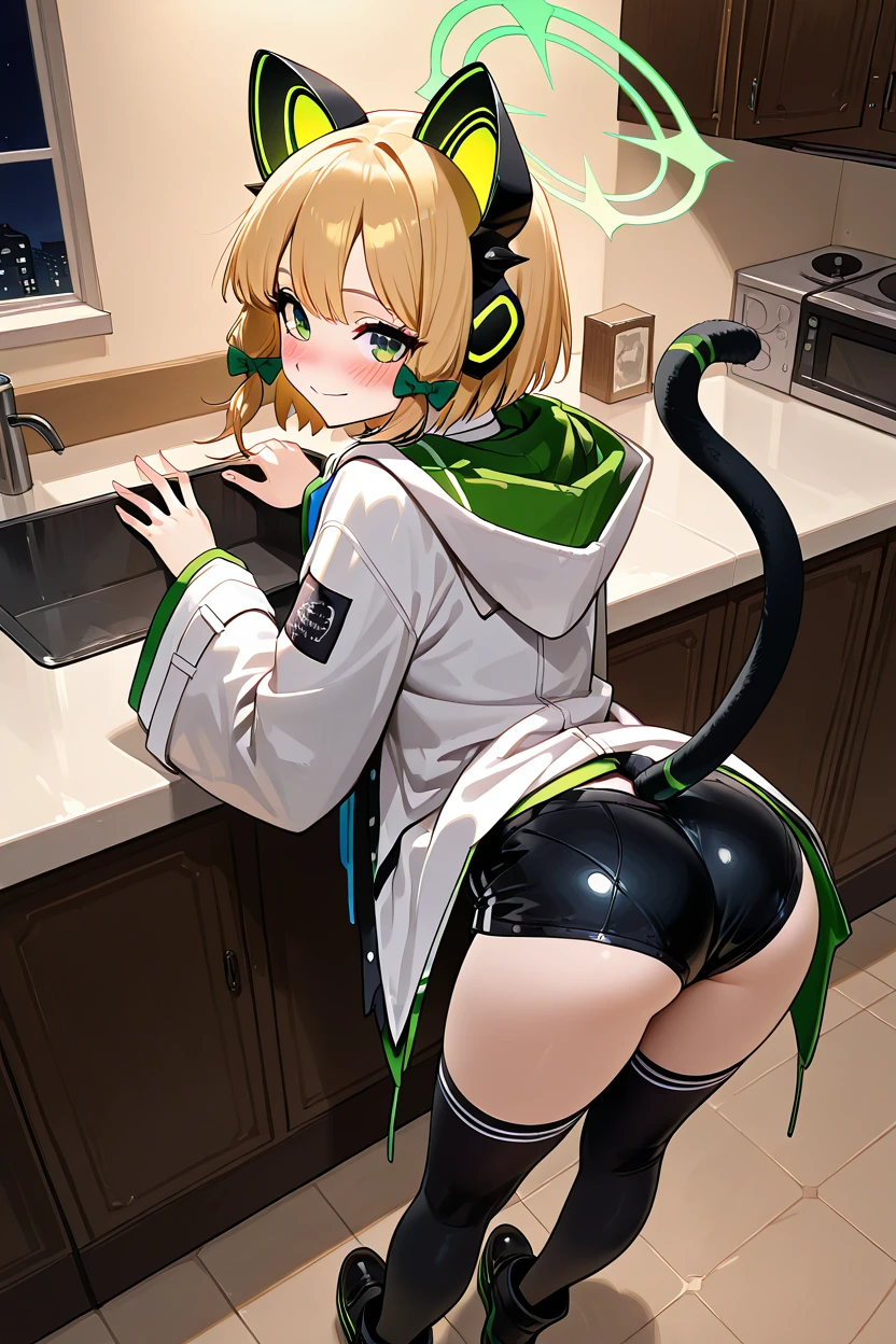 masterpiece, best quality, 1girl, solo, 21 year old model, eyelashes, (beautiful eyes),     ,,, zzMidori, solo, blonde hair, short hair, green eyes, hair bow, tail, animal ears, fake animal ears, animal ear headphones, headphones, cat ear headphones, halo, hair bow, green halo, tail, cat tail, green bow, black thighhighs, blue necktie, collared shirt, long sleeves, white jacket, white shirt, black shorts, blush, black footwear, open jacket, hood, wide sleeves ,<lora:MidoriBlueArchiveIXL:1.0>,,,1girl, solo, blush, looking at viewer, smile, detailed eyes, from behind, ass, panties, night, 1girl, bent over, indoors, kitchen, <lora:CyberPerfectionIXL:1.0>,