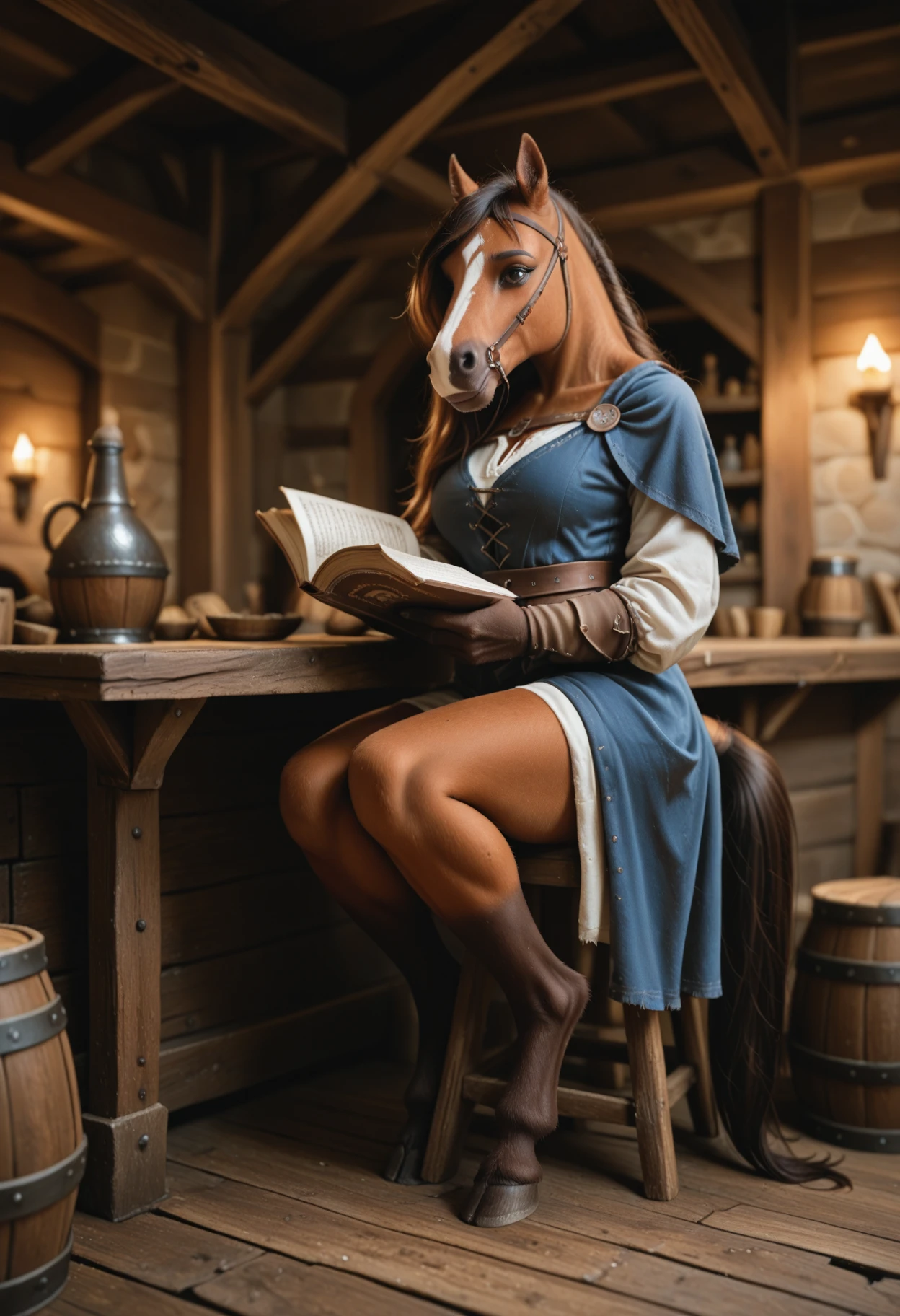 kftenhance, masterpiece, best quality, amazing quality, realistic, 1girl, solo, medieval fantasy, female horse, furry, reading a book, tavern, hooves