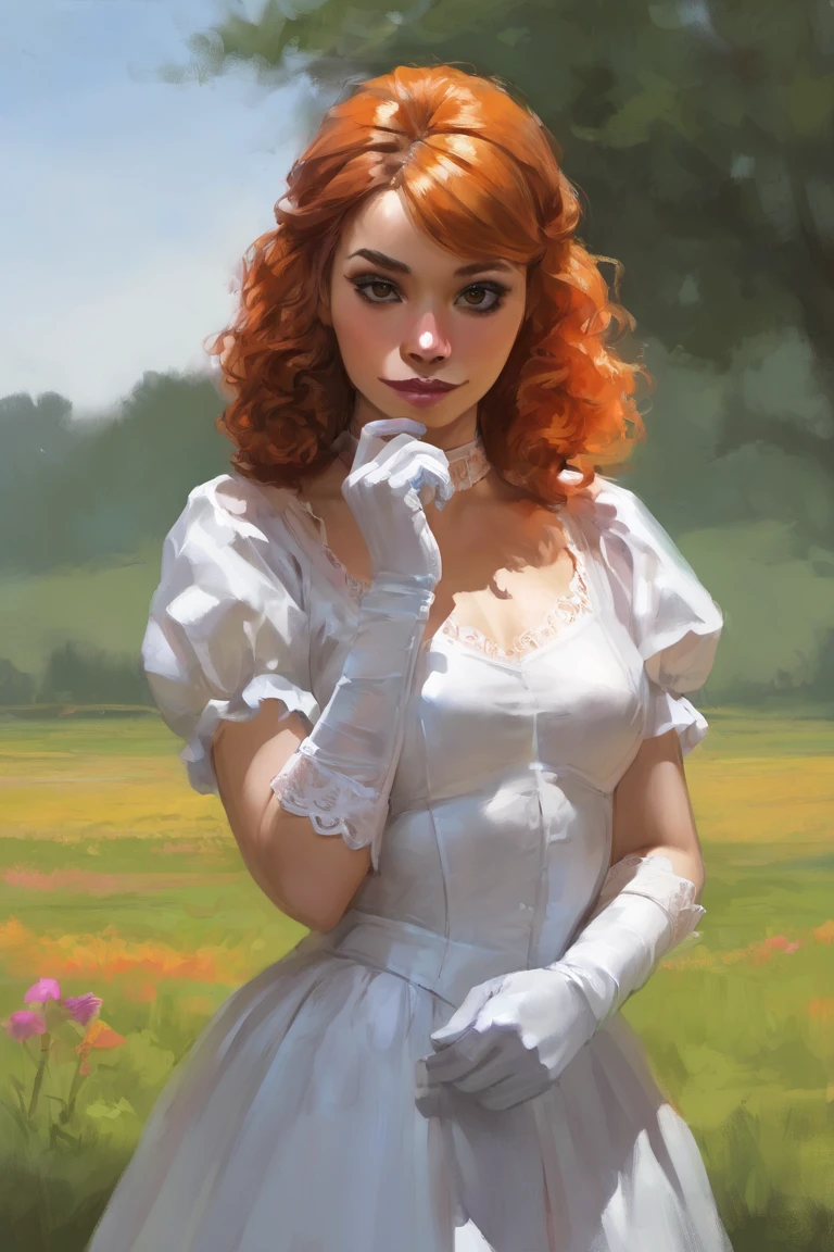 masterpiece, best quality, highres, newest, digital art, realistic, 1girl, solo, medium hair, curly hair, wavy hair, orange hair, swept bangs, brown eyes, lips, lipstick, looking at viewer, medium breasts, choker, medium dress, white dress, lace trim, puffy sleeves, puffy short sleeves, short sleeves, gloves, elbow gloves, white gloves, hand up, cowboy shot, closed mouth, standing, outdoors, field, flower, grass, plant, sky <lora:Digital Art [LoRA] - NoobAI-XL EPS 1.0:0.8>