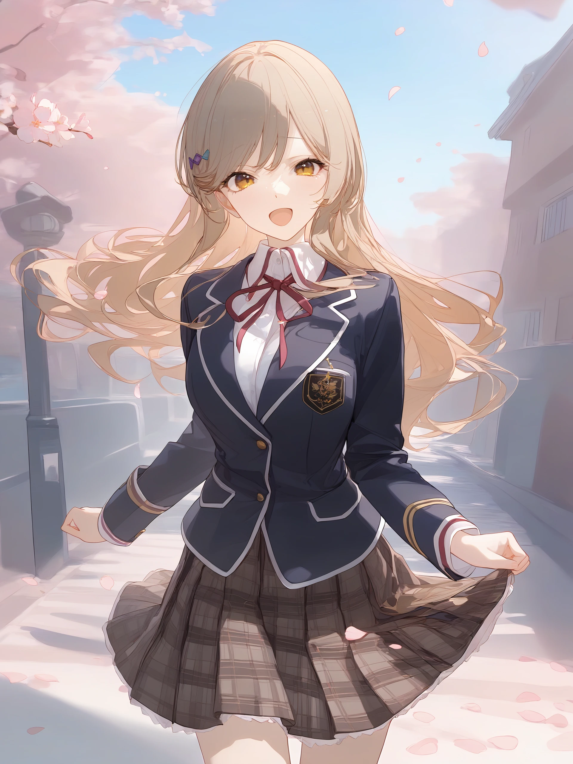 1girl, sena ajisai, hairclip, solo, school uniform, pleated skirt, plaid skirt, white collared shirt, blazer, neck ribbon, looking at viewer, smug, open mouth, naughty face, ojou-sama pose, standing, cowboy shot, outdoors, street, cherry blossoms, petals, depth of field <lora:Char-Sena_Ajisai-V1-SDXL:0.9>, illustration, incredibly absurdres, ultra detailed, masterpiece, best quality, perfect features, intricate details, ray tracing, very aesthetic, (hitenkei, askzy:0.4), [<lora:XL-detailed_notrigger:0.95>::0.5], [:<lora:XL-aesthetic_anime:1>:0.5] <lora:XL-NAI3:0.9>