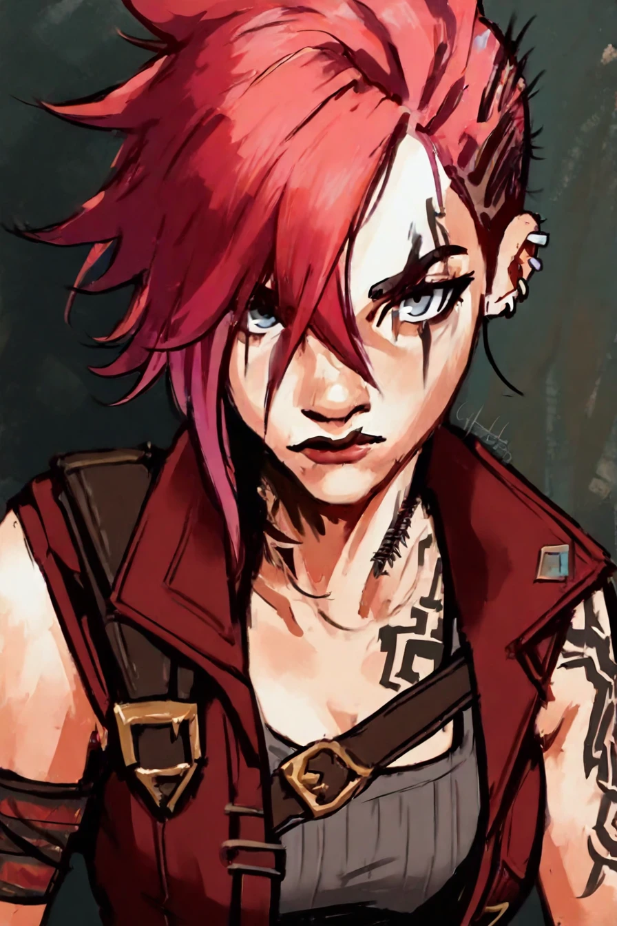 <lora:ViPDXL:0.6>, gray-blue eyes, (vi, vi (league of legends):0.6) , red-pink hair, tattoo on the face, tattoo on the neck, earrings, red jacket, armbands, grey and black tank top, striped pants, belt, tattoo on arms, 1girl, solo, alone, upper body,  <lora:painting_art_illustriousXL-000011:1> , paint_art_style, masterpiece, highres