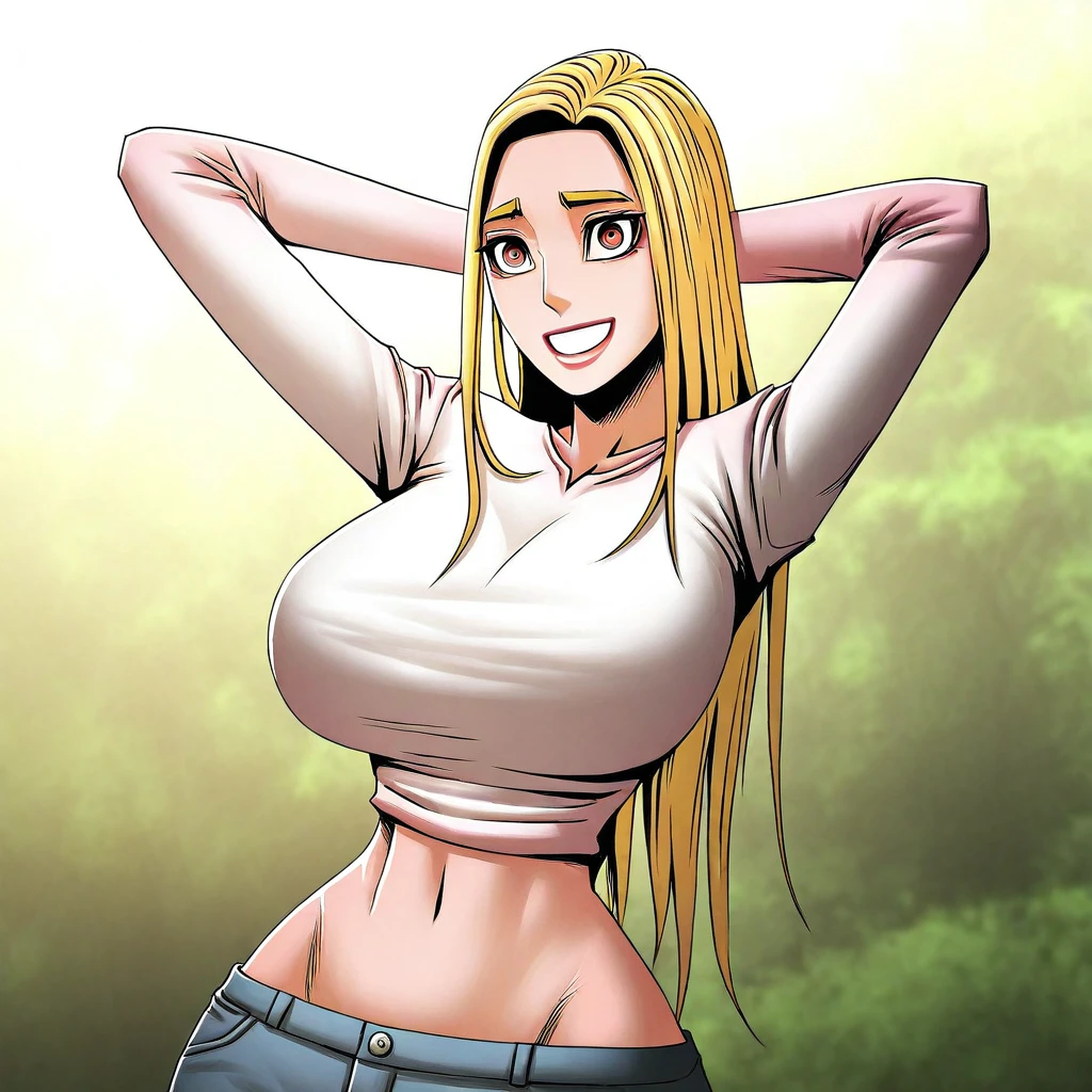 score_9, score_8_up, score_7_up, ASCII masterpiece, source_anime, BREAK, 1girl, solo, (( <lora:kim_mi-joo:1> , kim_mi-joo, thin waist, wide hips, beautiful skin, beautiful amber eyes, clear eyes, bright pupils, beautiful eyes, beautiful blonde hair, beautiful long hair, huge and shaggy breasts, natural beauty, extraordinary beautiful woman, attractive woman, super sexy woman, lustful body, sexy woman with seductive obscene body, sensual body, voluptuous body, sexy beauty, no piercings, no piercing, makeup, )), ((long sleeves white top, midriff, long slim blue jeans, )) , looking at viewer, uncensored, sexy pose, beautiful smile, outdoor, park, looking at viewer, horny, seductive, cute pose, cowboy shot, front view, hands behind head,