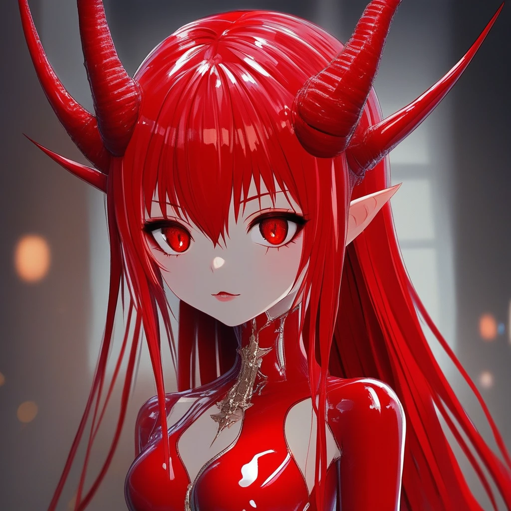 Zerakamb, 1girl, solo, cute, red eyes, red hair, long hair, horns, red suit, latex suit,