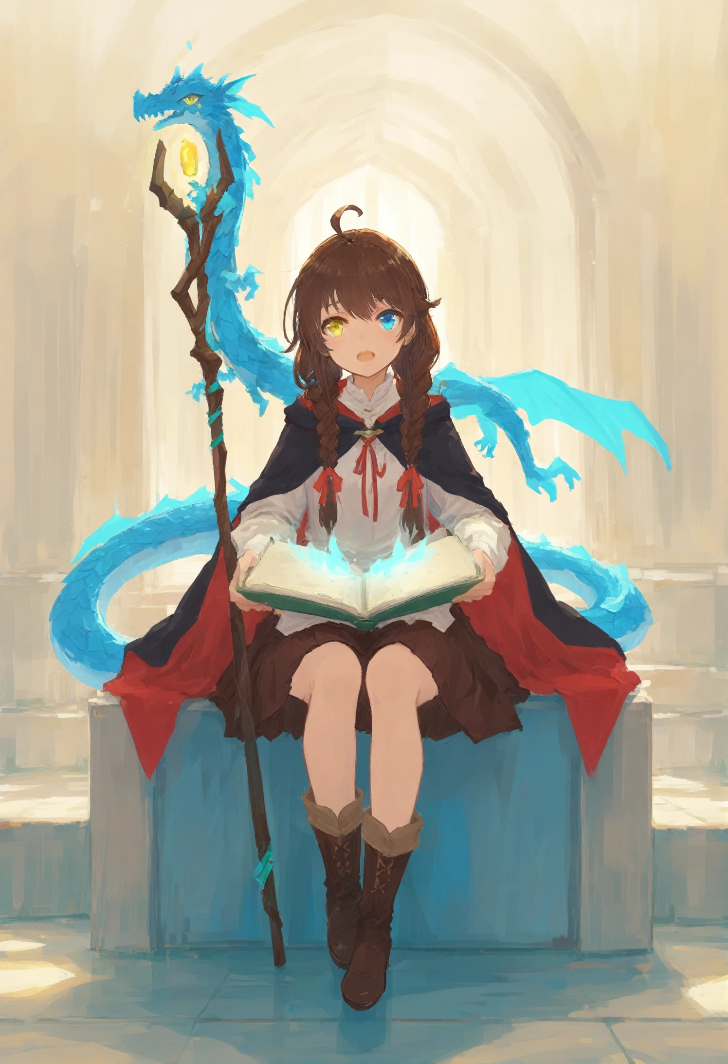 1girl, heterochromia, book, staff, dragon, braid, long hair, open mouth, brown hair, solo, yellow eyes, looking at viewer, holding, open book, holding staff, red ribbon, ribbon, ahoge, blue eyes, long sleeves, fantasy, hair ribbon, boots 
,, masterpiece,best quality,very aesthetic,absurdres 
<lora:xilmoforill-000128:0.95>