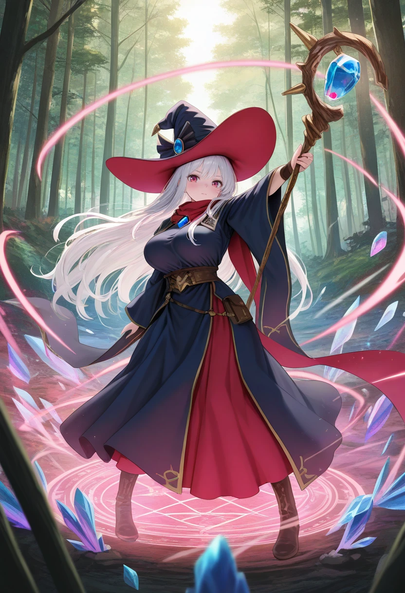 geokinesis,1girl, solo,large breasts,day,outdoors,forest,white hair,red eyes, bangs, purple eyes,very long hair, bangs,witch,witch hat,robe,skirt,magic,((holding_staff)), magic circle,wand, firing at viewer, dynamic pose,((gem,crystal,ruby,blue gemstone)),<lora:geokinesis_v1_illustrious_b:1>, masterpiece, best quality amazing quality very aesthetic high resolution ultra detailed absurdres, newest