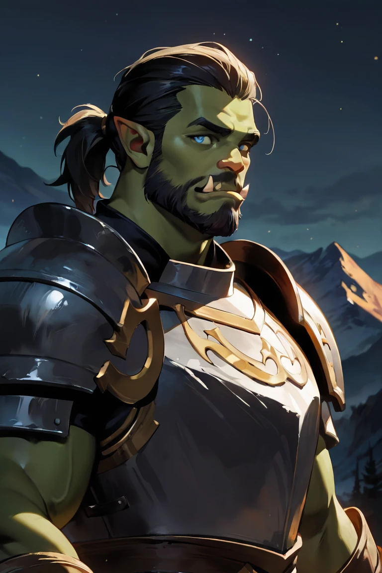 masterpiece, best quality, highres, newest, 1boy, solo, male focus, mature male, orc, colored skin, green skin, tusks, blue eyes, medium hair, black hair, hair slicked back, ponytail, facial hair, beard, mustache, looking at viewer, full armor, shoulder armor, breastplate, pauldrons, upper body, closed mouth, standing, outdoors, mountain, night, night sky, dark background <lora:Summer Days [LoRA] - NoobAI-XL EPS 1.0:0.8>