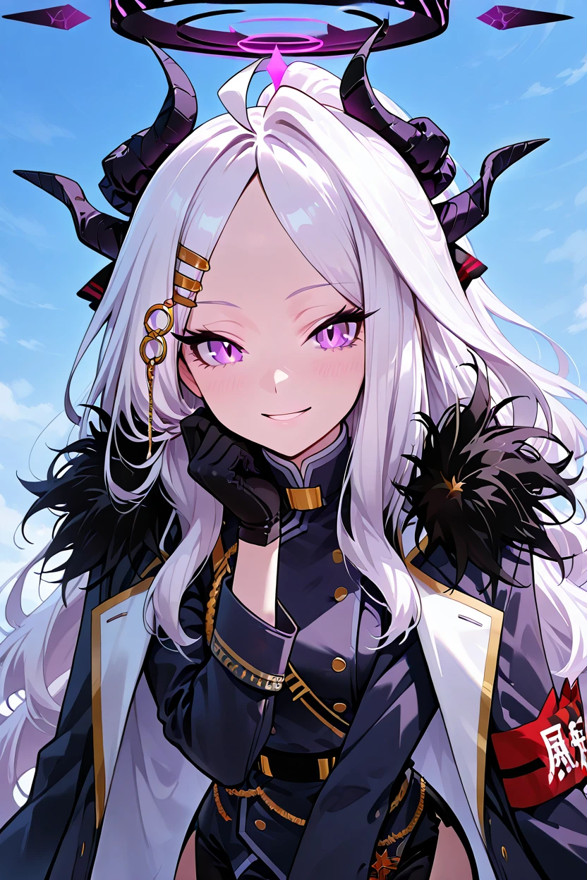 masterpiece, best quality, 1girl, solo, 21 year old model, eyelashes, (beautiful eyes),     ,,, zzHina, purple eyes, long hair, hair ornament, white hair, horns, hina (blue archive), ahoge, halo, multiple horns, parted bangs, skirt, long sleeves, hairclip, black skirt, coat, coat on shoulders, fur trim, black gloves, <lora:HinaBlueArchiveIXL:1.0>, ,,,solo, (beautiful eyes), beautiful lips, upper body, leaning forward, portrait, smile, looking at viewer, <lora:CyberPerfectionIXL:1.0>,