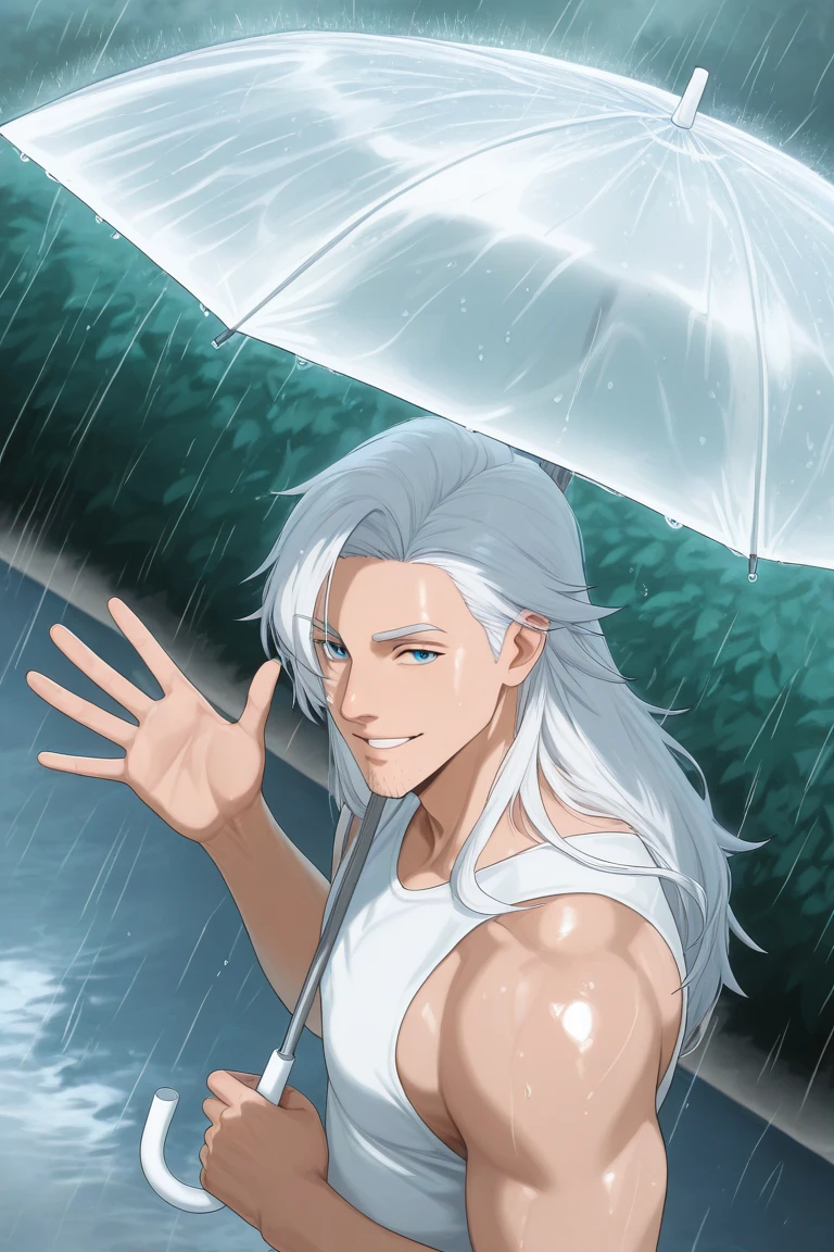 anime coloring, subsurface scattering, realistic shading, natural lighting, raining, sunshower, sunray, sunny, summer theme, holding umbrella, 1hand waving, male focus, looking at viewer, expressive face, maelnnt, black_maelnnt_stubble, white_maelnnt_long hair, blue eyes, 1boy, shiny skin, sweet smile, summer clothes, tank top, outdoors, road, bush, from above, dynamic angle, intricately detailed illustration, depth of field, masterpiece, best quality, amazing quality, very aesthetic, absurdres, newest