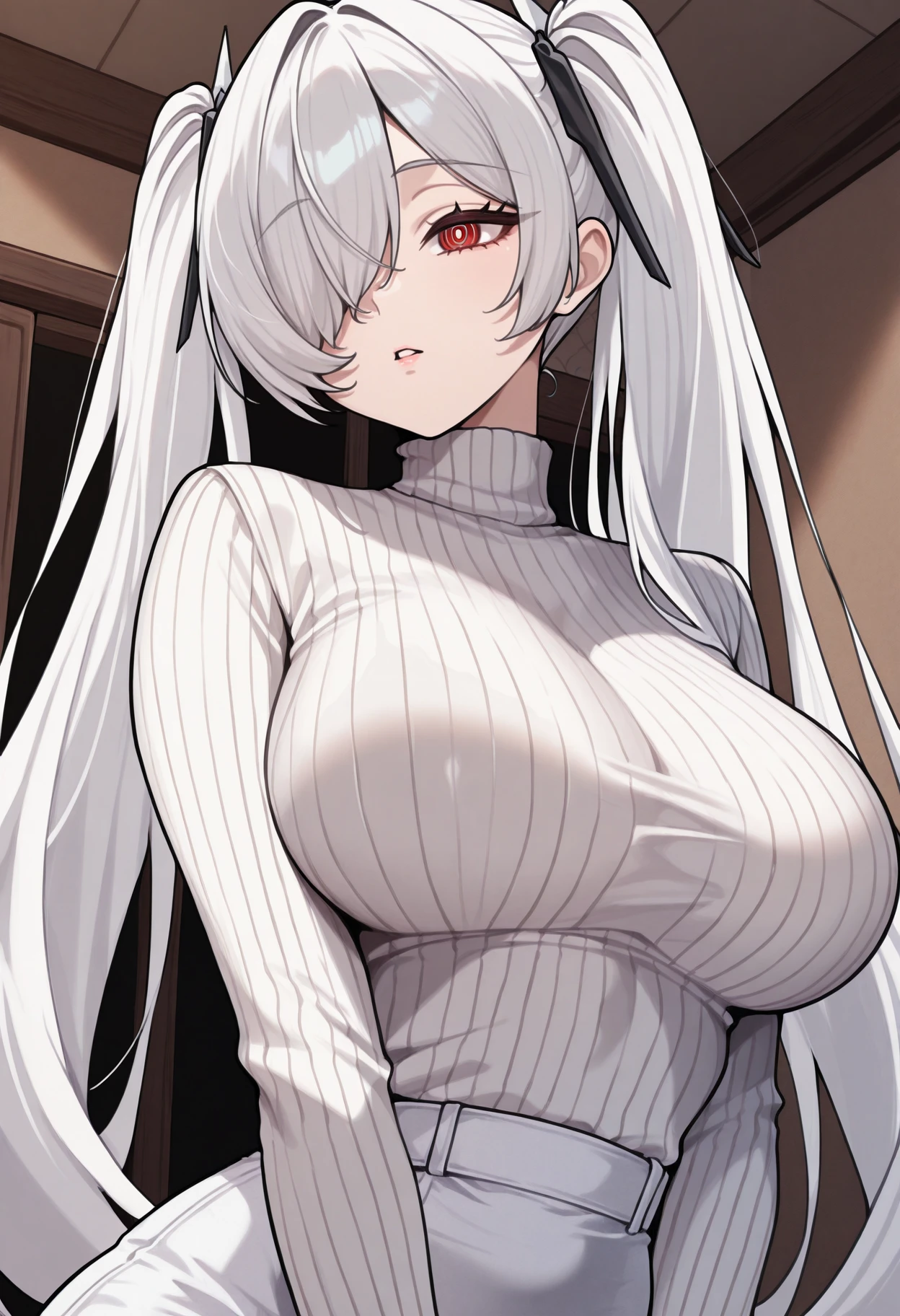 masterpiece, best quality, absurdres, highres, newest, 1girl, solo, <lora:cinderella-nikke-richy-v1_ixl:1>cinrnd, red eyes, ringed eyes, white pupils, white hair, twintails, very long hair, hair over one eye, one eye covered, turtleneck sweater, ribbed sweater, white sweater, indoors, parted lips