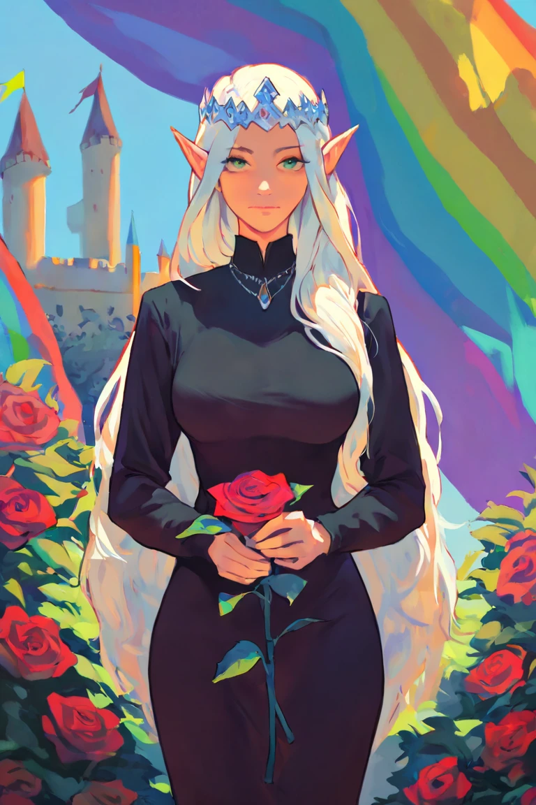 masterpiece, best quality, highres, newest, rainbowstyle, flat color, colorful, 1girl, solo, mature female, elf, pointy ears, breasts, long hair, very long hair, white hair, green eyes, portrait, looking at viewer, medium breasts, high collar, long dress, black dress, crown, silver crown, holding, holding flower, rose, red rose, necklace, jewelry, closed mouth, cowboy shot, standing, outdoors, castle <lora:Rainbow Dreams [LoRA] - NoobAI-XL EPS 1.0:0.8>