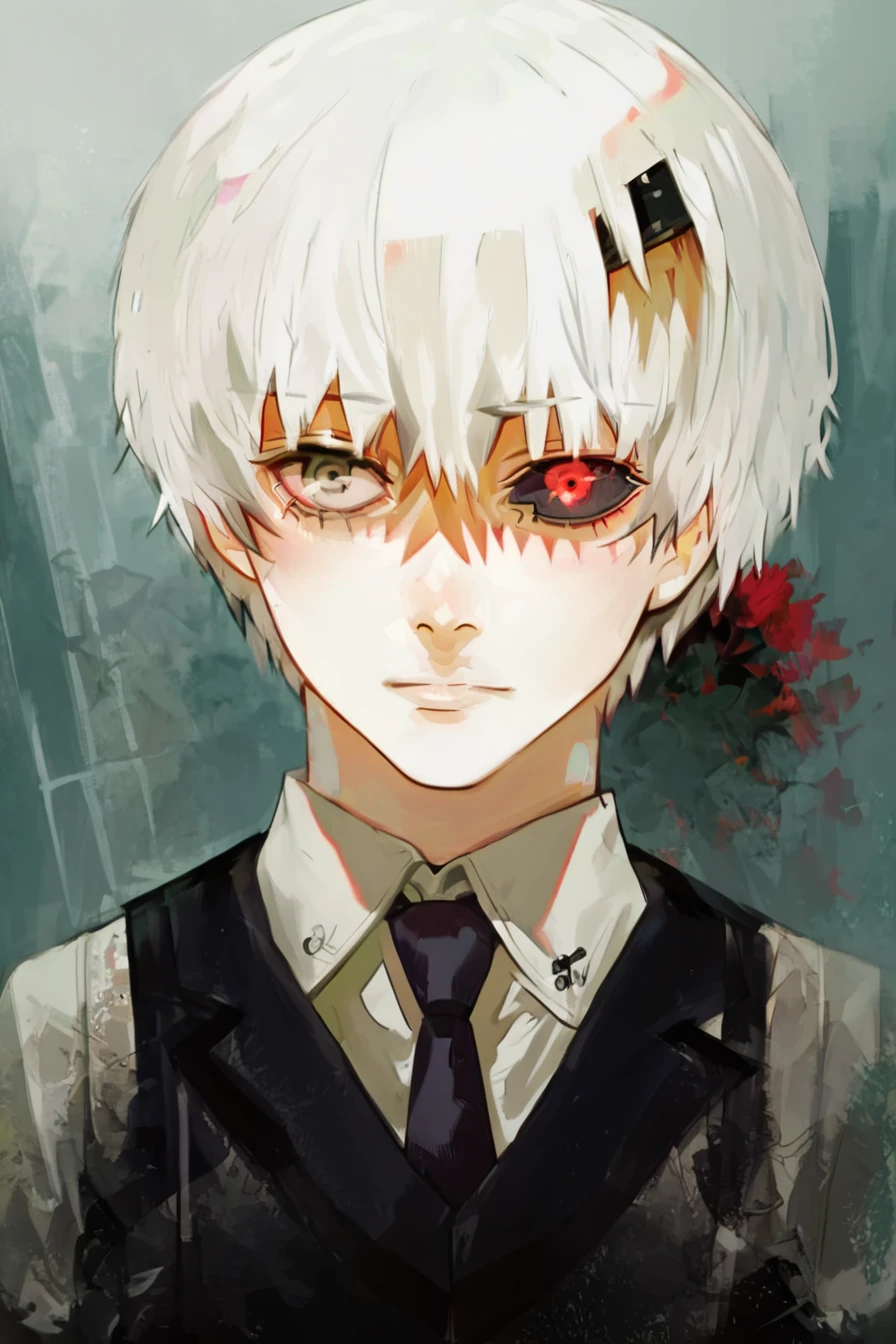 score_9, score_8_up, score_7_up, score_6_up, score_5_up, score_4_up, <lora:ken_kaneki_pony:0.8>,  ken_kaneki, white hair, grey eyes, short hair, bangs, colored sclera, black sclera, red eyes, heterochromia, white shirt, black necktie, black vest, 1boy, solo, alone, <lora:sui_ishida_style_Pony:1>, sui_Ishida_style, standing, looking at the viewer, masterpiece, highres