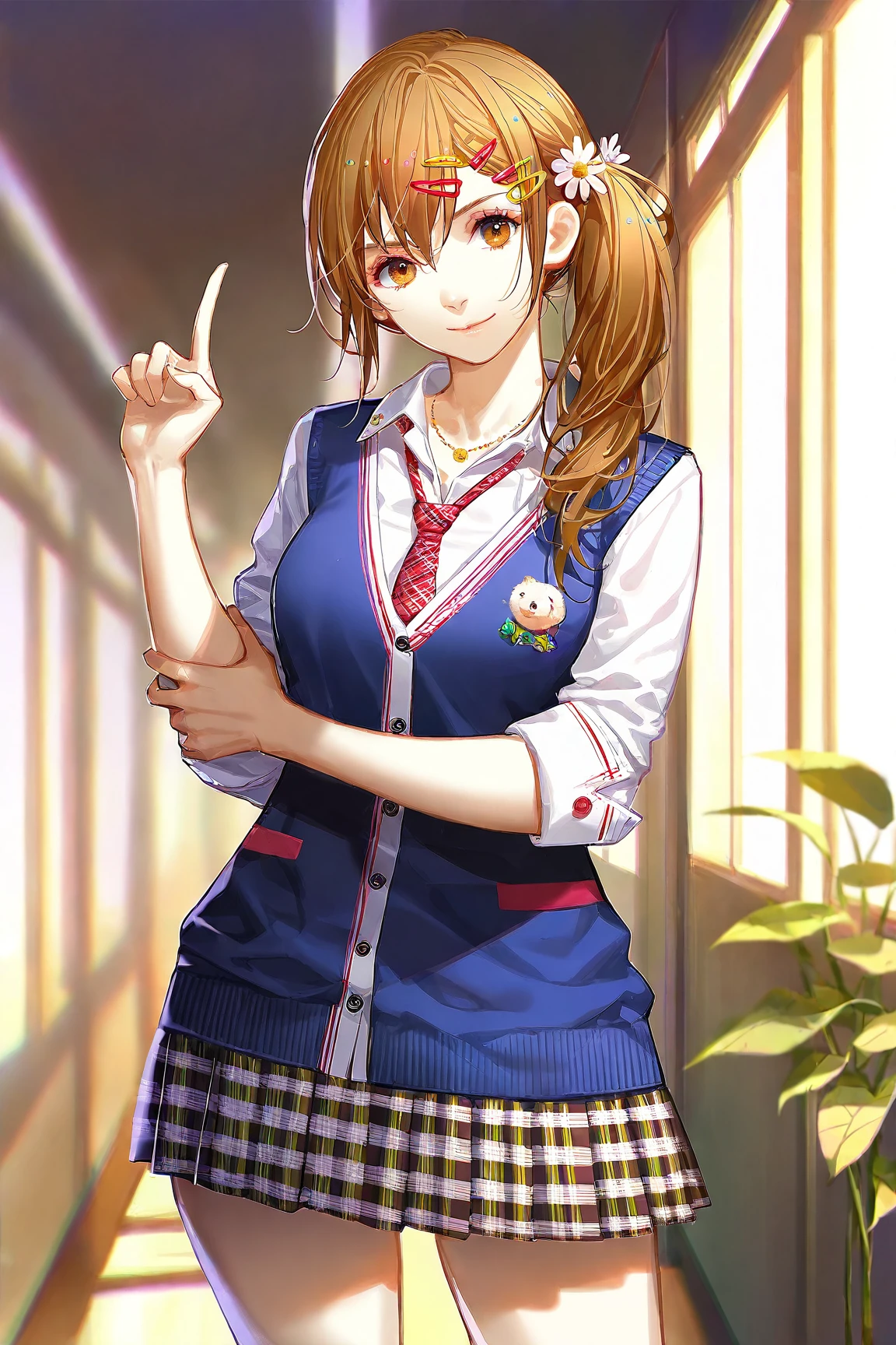 masterpiece,best quality,(artist:ask_(askzy)),artist:tidsean,[artist:mika_pikazo],
misaki \(doa\),1girl,solo,standing,pointing up,smile,looking at viewer,hand on own arm,hair ornament,star hair onament,hairclip,plaid,skirt,school uniform,necktie,necklace,jewelry,plaid skirt,pleated skirt,sleeves rolled up,front view,upper body,realistic, golden hour light,window_light,dramatic lighting,school corridor,plants,
 <lora:doa_misaki_noobxl_vpred65s_v10-000010:0.9>