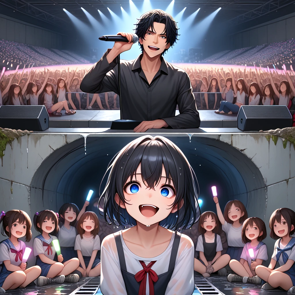 score_9, source_anime, sewer concert, aged up, full body, solo, 1boy on stage, glowstick, 1girl, 6+girls, multiple girls in tunnel, crazy fans, music, audience, wet, 2koma, multiple views, <lora:girllikesewerconcert_pony:0.9>