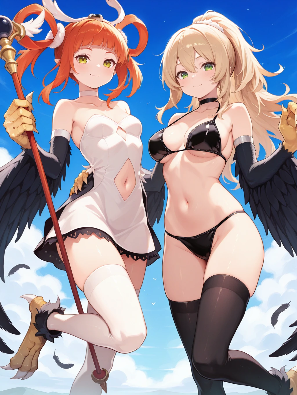 2girls,harpy,talons,navel,smile,looking at viewer,collarbone,blue sky,standing on one leg,
BREAK harpie channeler,white dress,staff,holding staff,white hair rings,white thighhighs,white choker,black winged arms,small breasts,
BREAK harpie dancer,black choker,black bikini,white winged arms,black panties,black thighhighs,pink hair ornament,medium breasts,
masterpiece,best quality,amazing quality,very aesthetic,absurdres,newest,<lora:Harpie Channeler & Dancer illuXL v2.1:0.72>,