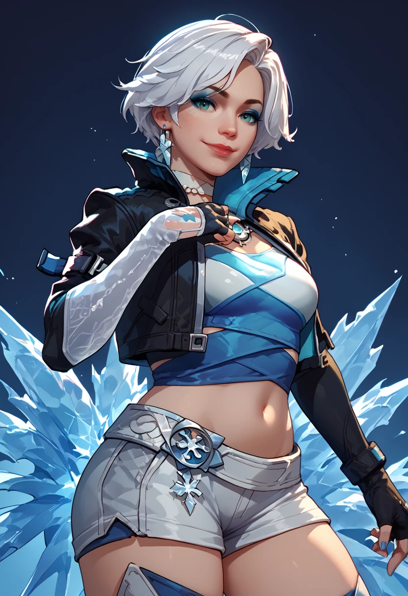 score_9, score_8_up, score_7_up, score_6_up, score_5_up, score_4_up, masterpiece, ultra-detailed, high resolution,

lunafrost, 1girl, solo, gloves, jacket, fingerless gloves, navel, single fingerless glove, elbow gloves, black jacket, cropped jacket, midriff, jewelry, smile, breasts, makeup, ice