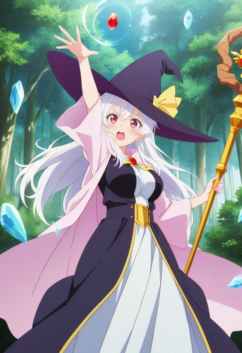 ailand,geokinesis,1girl, solo,large breasts,day,outdoors,forest,white hair,red eyes, bangs, purple eyes,very long hair, bangs,witch,witch hat,robe,skirt,magic,((holding_staff)),wand, dynamic pose,((gem,red gemstone,crystal,flying_gems)),debris,<lora:geokinesis_v1_illustrious_b:1>, masterpiece, best quality amazing quality very aesthetic high resolution ultra detailed absurdres, newest,((anime_coloring)),anime_screencap,studio_anime,<lora:ailand_v1_illustrious:1>