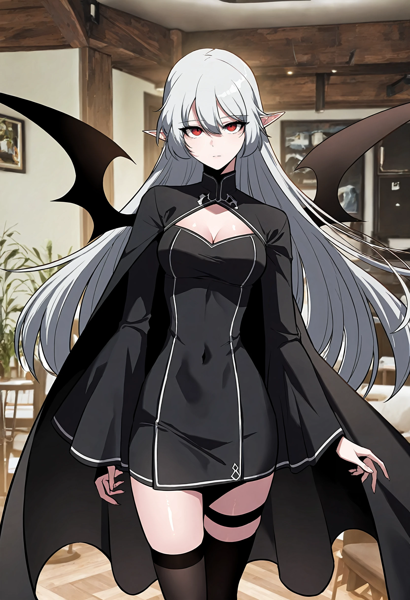 masterpiece, best quality, amazing quality, very aesthetic, absurdres, newest, scenery, 1girl, solo, medium breasts,<lora:Alice von Ataraxia young illustxl:0.9> long hair, red eyes, grey hair, white hair, pointy ears, hair between eyes, bat wings, black cape, black dress, short dress, cleavage cutout, covered navel, wide sleeves, long sleeves, short dress, black thighhighs, thigh strap, upper body, standing, living room, inside, looking at viewer, shiny skin, masterpiece, best quality, amazing quality, very aesthetic, absurdres, newest, scenery