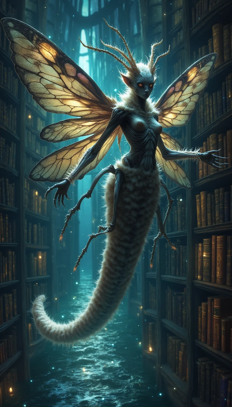 Here are the two prompts:
**Moth Hybrid**
In the heart of the labyrinthine Floating Library, where shelves of ancient, leather-bound tomes stretch towards the clouds like gnarled trees, a monstrous hybrid creature lingers. The human upper body, gaunt and pale, merges seamlessly with the thorax and wings of a moth, its furry, dark grey skin glistening in the flickering candlelight. Six spindly legs, tipped with razor-sharp claws, sprout from its lower back, allowing the creature to scuttle across shelves and navigate the narrow aisles with unsettling agility. Its wings, a mesmerizing blend of human-like ribcage and moth-like patterns, unfold like a dark, velvety cloak as it takes flight, sending paper scrolls and book pages fluttering in its wake. The creature's eyes, an unnatural combination of human intellect and moth-like compound vision, gleam with an otherworldly intensity as it searches for forbidden knowledge, its antennae twitching with an unspoken hunger. Amidst the dusty tomes and whispering scrolls, the moth hybrid perches upon a shelf, its wings beating in a slow, deliberate rhythm, as if summoning the ancient secrets from the very air itself.
**Maggot Hybrid**
Beneath the star-studded expanse of a midnight ocean, a female hybrid creature undulates through the dark, bioluminescent waters like a living, breathing embodiment of the constellations above. Her human upper body, delicate and pearlescent, rises from the churning waves, merging with the segmented, maggot-like abdomen that propels her through the sea with sinuous, boneless grace. Tendrils of iridescent, glowing filaments sprout from her fingertips, illuminating the dark waters as she conjures ethereal, shimmering orbs that hover around her like a celestial entourage. The maggot hybrid's eyes, a shimmering blend of human sensuality and insectoid detachment, seem to drink in the starlight, their soft, luminescent glow echoing the pulsing rhythm of the ocean's bioluminescent creatures. As she glides through the darkness, her very presence seems to awaken the ocean's secrets, summoning schools of glittering, rainbow-hued fish to dance in her wake, their scales shimmering like stardust in the faint, lunar light.