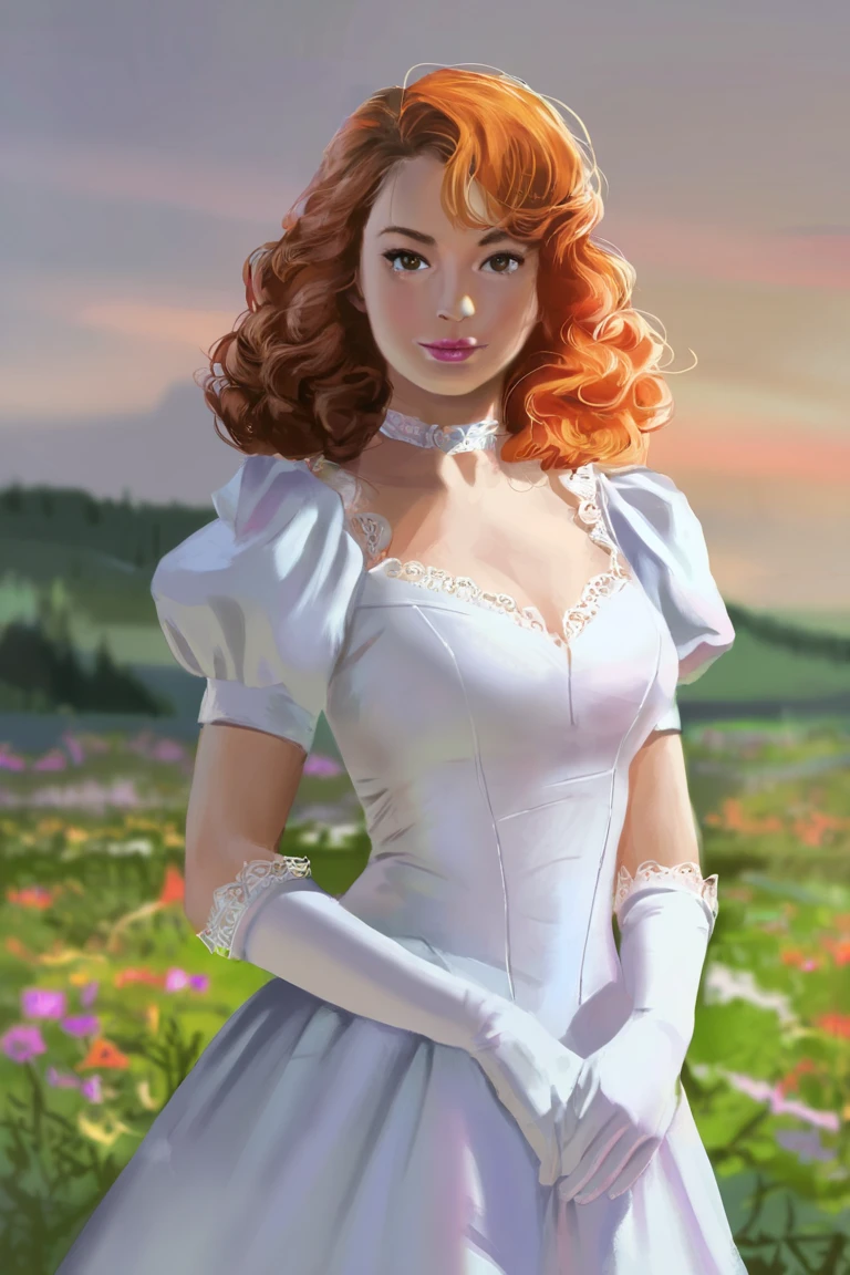 masterpiece, best quality, highres, newest, concept art, realistic, 1girl, solo, medium hair, curly hair, wavy hair, orange hair, swept bangs, brown eyes, lips, lipstick, looking at viewer, medium breasts, choker, medium dress, white dress, lace trim, puffy sleeves, puffy short sleeves, short sleeves, gloves, elbow gloves, white gloves, hand up, cowboy shot, closed mouth, standing, outdoors, field, flower, grass, plant, sky <lora:Concept Art Brush [LoRA] - NoobAI-XL EPS 1.0:0.8>