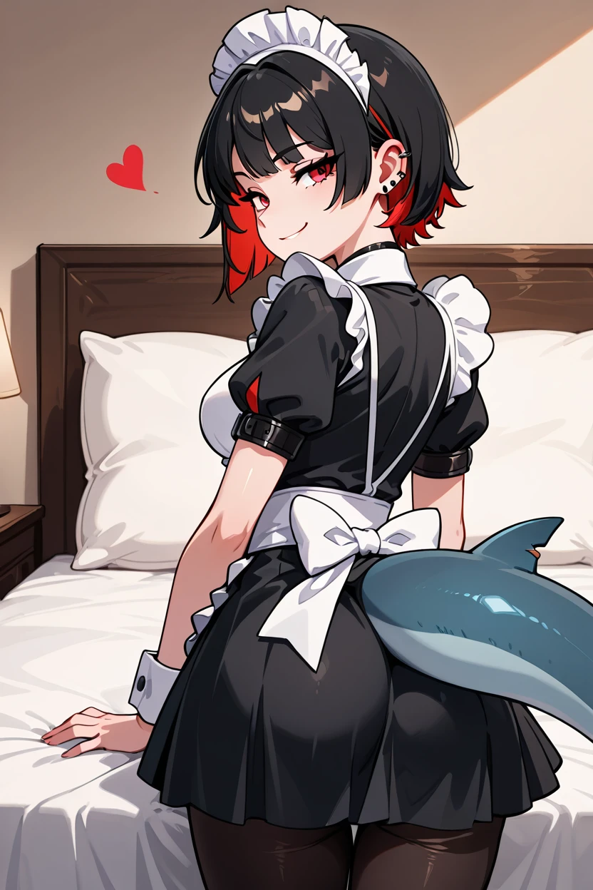 masterpiece, best quality, 1girl, solo, 21 year old model, eyelashes, (beautiful eyes),     ,,, ellen joe, black hair, colored inner hair, multicolored hair, red eyes, red hair, short hair, two-tone hair, apron, black pantyhose, black shirt, black skirt, ear piercing, fins, fish tail, maid, maid apron, maid headdress, pantyhose, piercing, puffy short sleeves, puffy sleeves, shark girl, shark tail, shirt, short sleeves, skirt, tail, two-tone hair, wrist cuffs,  <lora:EllenJoeIXL:1.0>, BREAK,,,   night, bed room, from behind, ass, looking back, smirk, heart, smile, looking at viewer, shiny skin,  <lora:GoldenCATLoraIXL:0.8>, <lora:princess_xl_v2:0.3>,