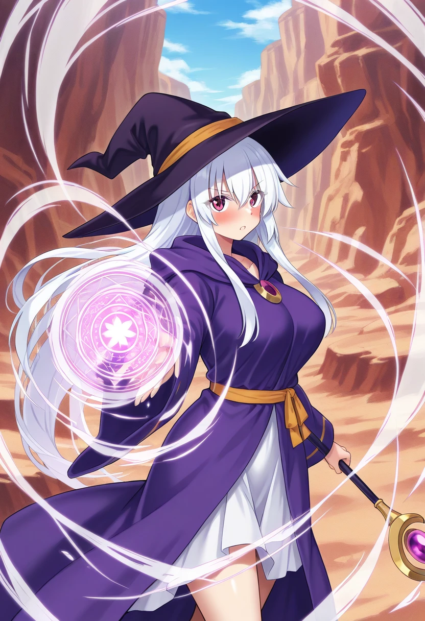 aerokinesis,1girl, solo,large breasts,breasts,blush,day,outdoors,canyon,white hair,cowboy_shot,red eyes, hair between eyes,looking at viewer, bangs, purple eyes, eyes visible through hair,very long hair, bangs,sidelocks,witch,witch hat,robe,skirt,<lora:aerokinesis_v1_illustrious:1>,magic,holding_staff,wind,magic circle, gust,cyclone,action,dynamic pose, casting spell,