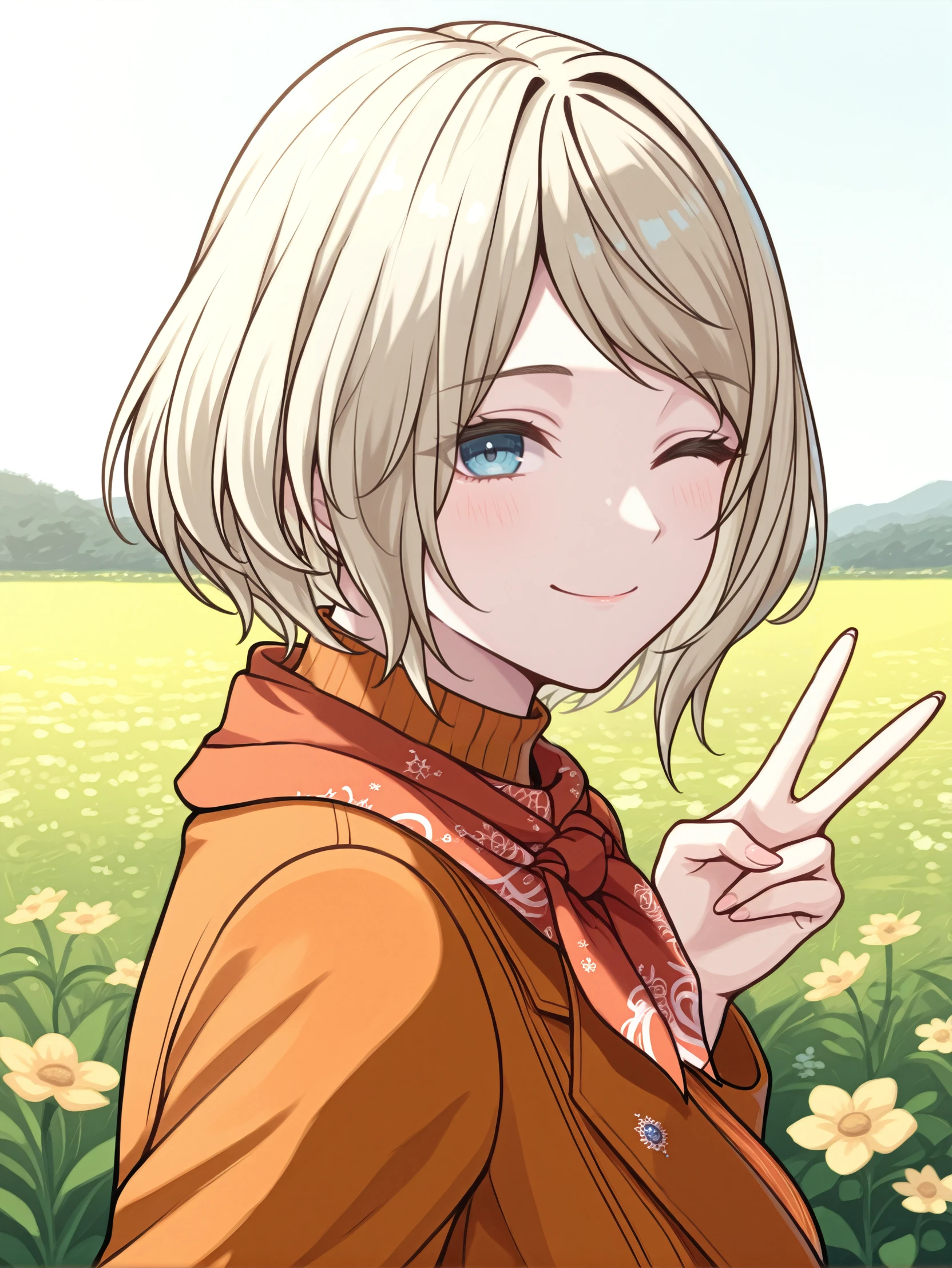 masterpiece, best quality, absurdres,
<lora:RE4Ashley:1.0>
RE4Ashley, 1girl, blonde hair, short hair, blue eyes, looking at viewer, from side, wink, happy, smile, closed mouth, peace sign, flowers, meadow