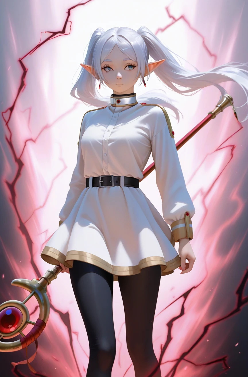 masterpiece, best quality, realistic
frieren, white twin pony, red staff, leggings, white skirt, white dress, button shirt, 
1girl, realistic, 
 <lora:Conquerors Haki [IL]:0.8> Conqueror's Haki, aura, red and black electricity, emotionless,