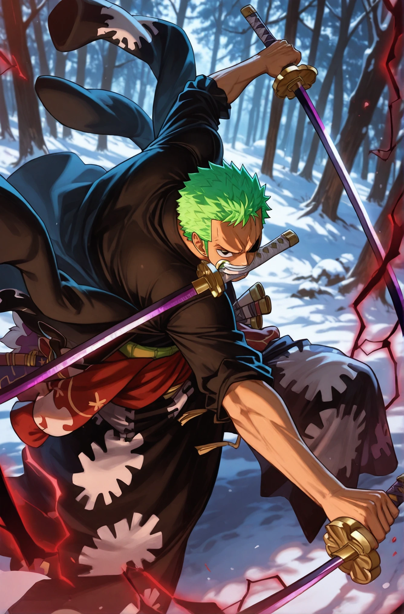 masterpiece, best quality,  2.5D,
<lora:3 swords style [IL]:1.1> 3 swords style, santoryu,mouth hold, holding sword, holding weapon, dual wielding,  3 katana, glowing red, 
roronoa_zoro, one_piece, 1boy, green_hair, black_eyes, kimono,
fight stance,aura,  <lora:Conquerors Haki [IL]:0.4> Conqueror's Haki, aura, red and black electricity, forest, snow