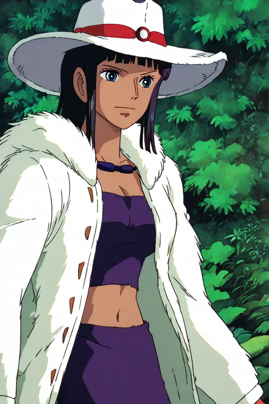 <lora:Nico_Robin_pretimeskip_many_outfit:0.5>, (nico robin:0.6), blue eyes, black hair, blunt bangs, dark-skinned female, tan , white cowboy hat, purple crop top, white fur-trimmed coat, white coat, purple mini-skirt, 1girl, solo, alone,  <lora:princess_momonoke_style_illustriousXL:1>, princess_momonoke_style, masterpiece, highres