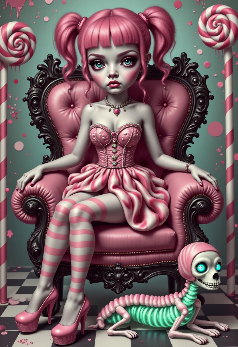 MydenStyle A bubblegum pop goth girl with bright pink pigtails, wearing a dress made of glossy latex hearts and bubble-shaped heels. She sits on a throne crafted from oversized lollipops and black licorice vines. Her pet, a neon-colored skeleton dog with glowing candy-cane ribs, lounges at her feet. The background is a chaotic swirl of polka dots, checkerboard patterns, and pastel graffiti, blending pop art with surreal goth aesthetics.