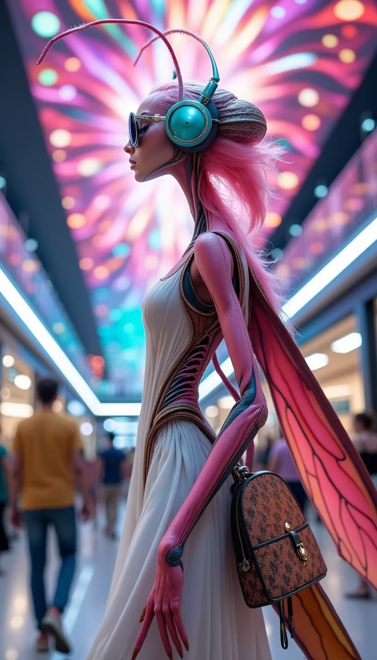 A towering, slender humanoid figure with the vibrant pink carapace of a praying mantis, her elongated face a seamless blend of human and insect features, with large, black-rimmed sunglasses perched on the end of her pointed nose. Her antennae, delicate and feathery, sway gently above her head as she nods to the rhythm, her ears hidden beneath a tangle of bright pink hair that cascades down her back like a waterfall of cotton candy. The pristine white summer dress, cinched at the waist with a slender belt, falls in soft folds around her toned legs, its hem fluttering around her ankles as she sways to the beat. The headphones, a vibrant turquoise that matches the color of her iridescent wings, which are folded neatly against her back, are emblazoned with neon pink headphones and a silver headphone jack in the shape of a tiny praying mantis. She stands in the middle of a bustling shopping mall, surrounded by kiosks selling everything from glittering jewelry to succulent plants, and shoppers of all shapes and sizes hurry past her, oblivious to the surreal beauty of the insect hybrid as she loses herself in the music. The sounds of commerce and chatter recede into the background as she closes her eyes, a look of pure, unadulterated joy on her face, her delicate, long-fingered hands tapping out the rhythm on the strap of her designer backpack, which is adorned with colorful, swirling patterns that evoke the shimmering beauty of her native insect world. Above her, a giant video screen displays a mesmerizing pattern of swirling colors, pulsing in time with the music that fills her ears, casting an otherworldly glow over the entire scene.