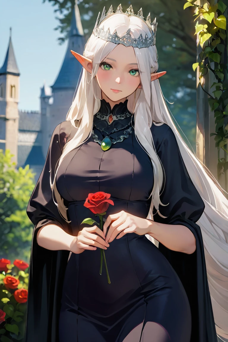 masterpiece, best quality, highres, newest, 1girl, solo, mature female, elf, pointy ears, breasts, long hair, very long hair, white hair, green eyes, portrait, looking at viewer, medium breasts, high collar, long dress, black dress, crown, silver crown, holding, holding flower, rose, red rose, necklace, jewelry, closed mouth, cowboy shot, standing, outdoors, castle <lora:Summer Days [LoRA] - NoobAI-XL EPS 1.0:0.8>