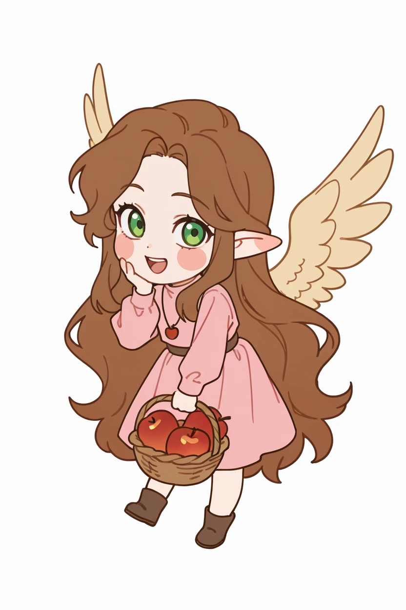 masterpiece, best quality, newest, absurdres, highres, 1girl, solo,
long hair, looking at viewer, smile, open mouth, brown hair, long sleeves, white background, dress, jewelry, very long hair, green eyes, food, wings, pointy ears, necklace, fruit, transparent background, blush stickers, pink dress, hand on own face, apple, basket, holding basket
<lora:IriaStyleIllustriousV1-000005:1> chibi, full body,