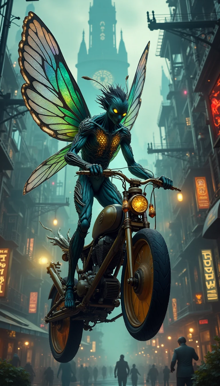 In the heart of the mechanized city, "Cygnus," where towering skyscrapers pierce the smog-choked skies and neon lights tint the air with an otherworldly glow, a humanoid figure emerges from the shadows. Meet Kael, a mesmerizing male hybrid of human and butterfly origin. His slender, athletic build is covered in iridescent blue and emerald green scales that shimmer like the wings of his lepidopteran ancestors. Delicate, almost translucent wings sprout from his back, with veins that pulse with a soft, luminescent light.
Kael's facial features are a striking blend of human and insect, with high cheekbones, piercing green eyes, and a small, delicate proboscis that unfurls from his nose, tipped with a sparkling crystal. His dark, messy hair is adorned with tiny, mechanical components that resemble miniature gears, hinting at his affinity for the city's machines.
As Kael navigates the bustling streets of Cygnus, he moves with an ethereal grace, his wings fluttering in a hypnotic rhythm that seems to synchronize with the hum of the city's machinery. His long, spindly fingers end in sharp, hook-like claws, perfect for grasping and repairing the intricate mechanisms that govern this urban jungle.
In this scene, Kael is perched atop a sleek, steam-powered velocipede, his wings beating in tandem with the chugging engine as he speeds through the city's narrow alleys. The velocipede's chrome pipes and copper accents seem to mirror the hybrid's own biomechanical features, as if he and the machine have formed a symbiotic bond. With a flick of his wrist, Kael adjusts the velocipede's brass handlebars, expertly guiding the vehicle through a maze of pipes, wires, and hissing steam vents.
The city itself appears as a marvel of industrial sorcery, where giant clockwork spires pierce the clouds, and hissing steam pipes weave together like a tapestry of iron and copper. Neon advertisements flicker and pulse, casting a kaleidoscope of colors across the dark, oily streets. In the distance, the looming silhouette of the Clockwork Cathedral rises, its face a labyrinthine mesh of gears, pendulums, and ticking clockwork hearts.
As Kael rides his velocipede through the heart of Cygnus, he embodies the city's mesmerizing fusion of organic and mechanical elements, a living embodiment of the urban landscape's whimsical, industrial magic.