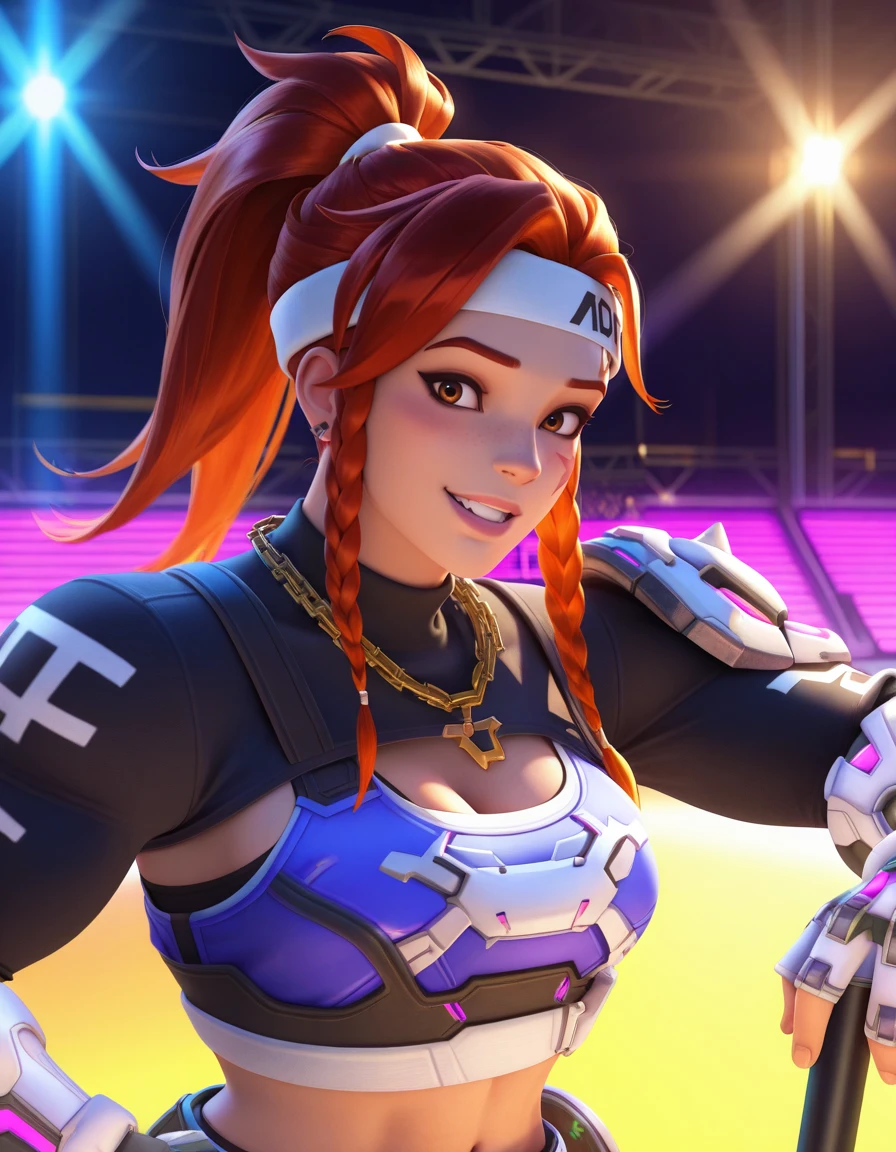 Masterpiece, high-res, 2k, best quality,   1 girl,  brig kpop, brigitte (overwatch) , at a concert stage  <lora:Brig kpop illus-000035:1>