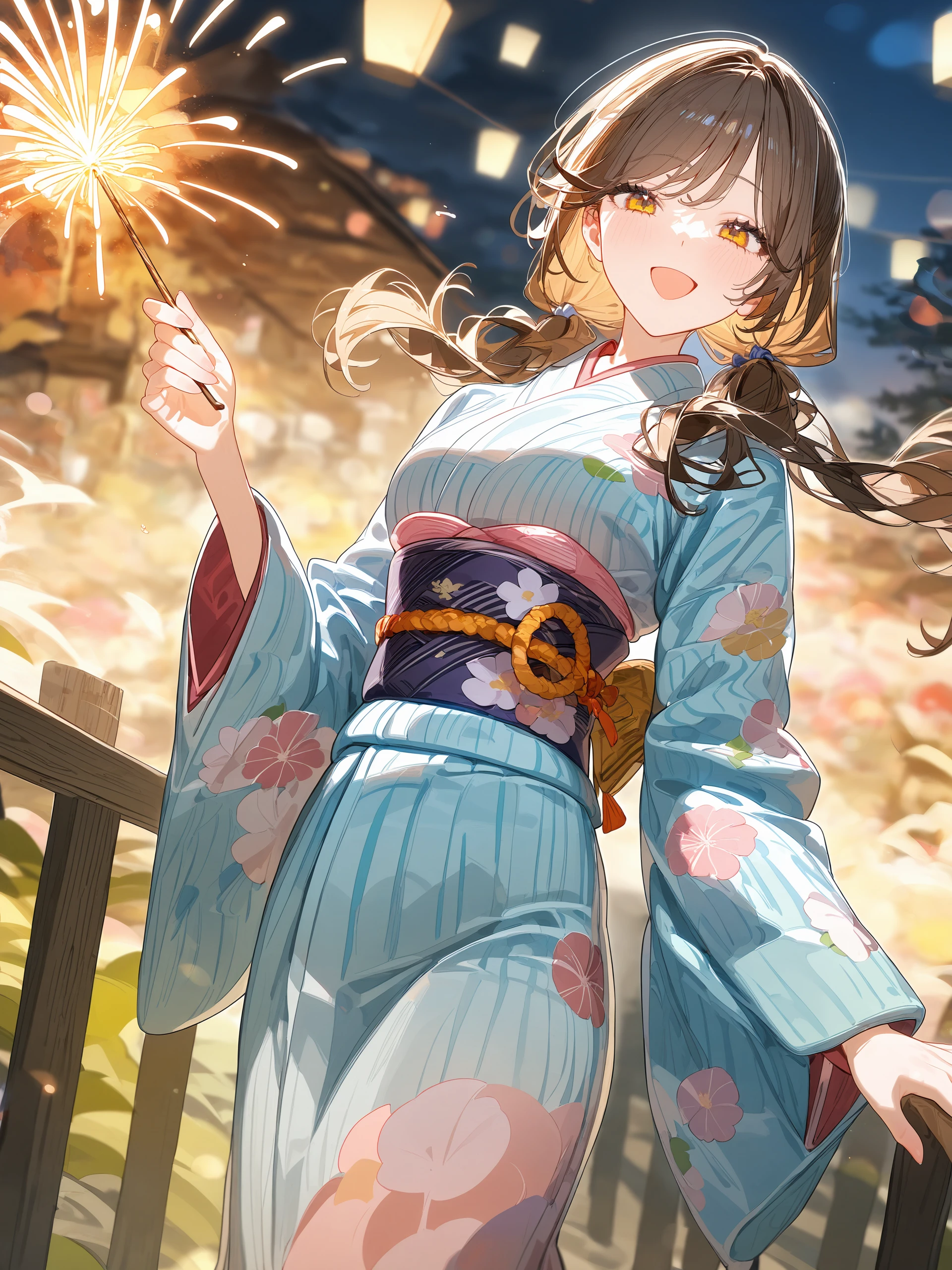 1girl, sena ajisai, solo, kimono, low twintails, obi, sash, tabi, standing, cowboy shot, holding fireworks, smile, open mouth, night, outdoors, blurry background <lora:Char-Sena_Ajisai-V1-SDXL:0.9>, illustration, incredibly absurdres, ultra detailed, masterpiece, best quality, perfect features, intricate details, ray tracing, very aesthetic, (hitenkei, askzy:0.4), [<lora:XL-detailed_notrigger:0.95>::0.5], [:<lora:XL-aesthetic_anime:1.2>:0.5]