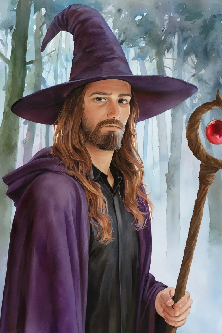 masterpiece, best quality, highres, newest, watercolor \(medium\), traditional media, realistic, 1boy, solo, male focus, mature male, wizard, long hair, brown hair, black eyes, looking at viewer, hat, facial hair, beard, mustache, staff, wizard hat, purple hat, black shirt, collared shirt, robe, purple robe, hooded cloak, holding, holding staff, upper body, closed mouth, standing, outdoors, forest, nature, tree, fog, dark background <lora:Watercolor Realistic [LoRA] - NoobAI-XL EPS 1.0:0.8>