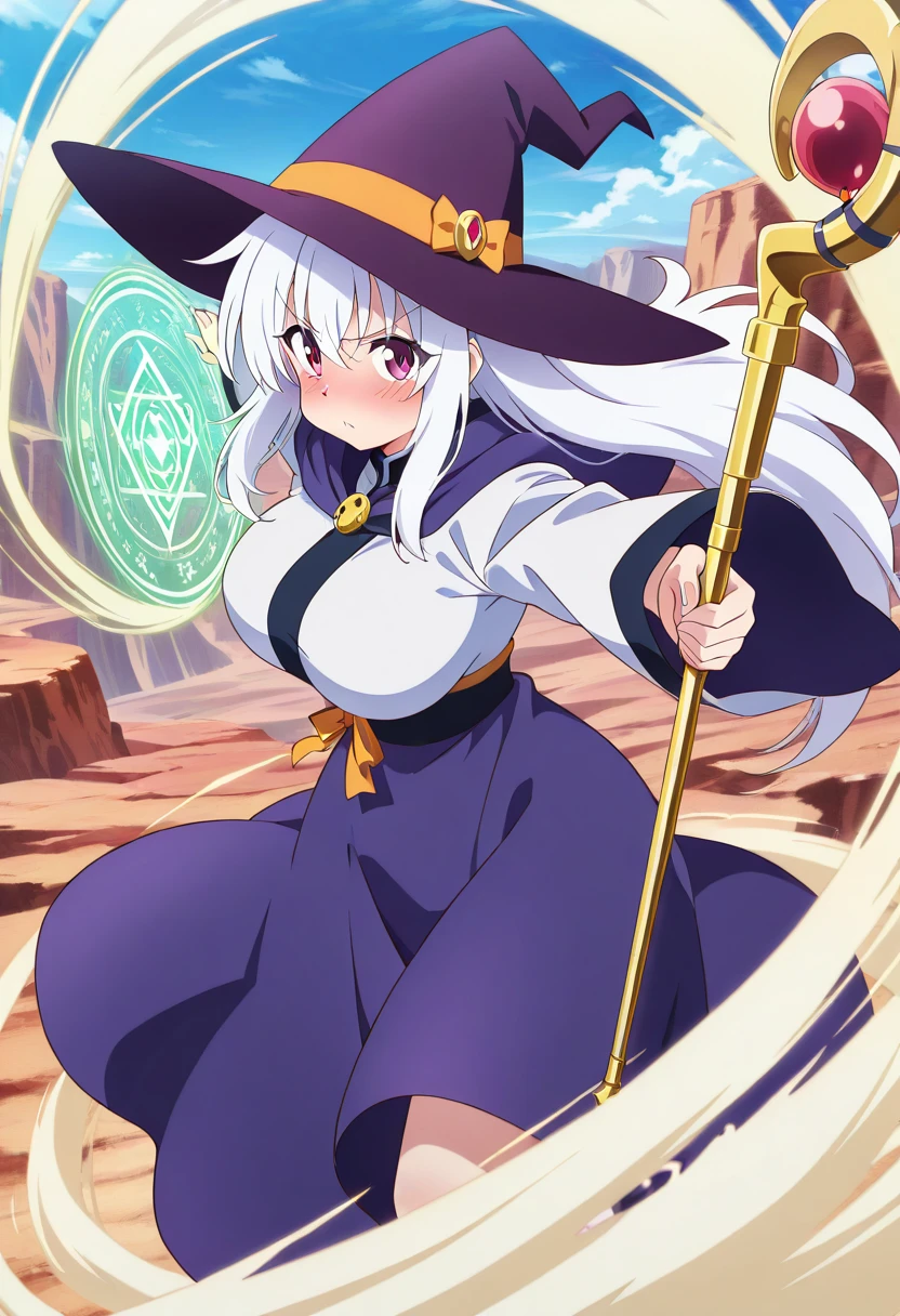 ailand,aerokinesis,1girl, solo,large breasts,breasts,blush,day,outdoors,canyon,white hair,red eyes, hair between eyes,looking at viewer, bangs, purple eyes, eyes visible through hair,very long hair, bangs,sidelocks,witch,witch hat,robe,skirt,<lora:aerokinesis_v1_illustrious:1>,magic,((holding_staff)),wind,magic circle, gust,cyclone,action,dynamic pose, casting spell, twister,fluttering_clothes,((anime_coloring)),anime_screencap,studio_anime,<lora:ailand_v1_illustrious:1>