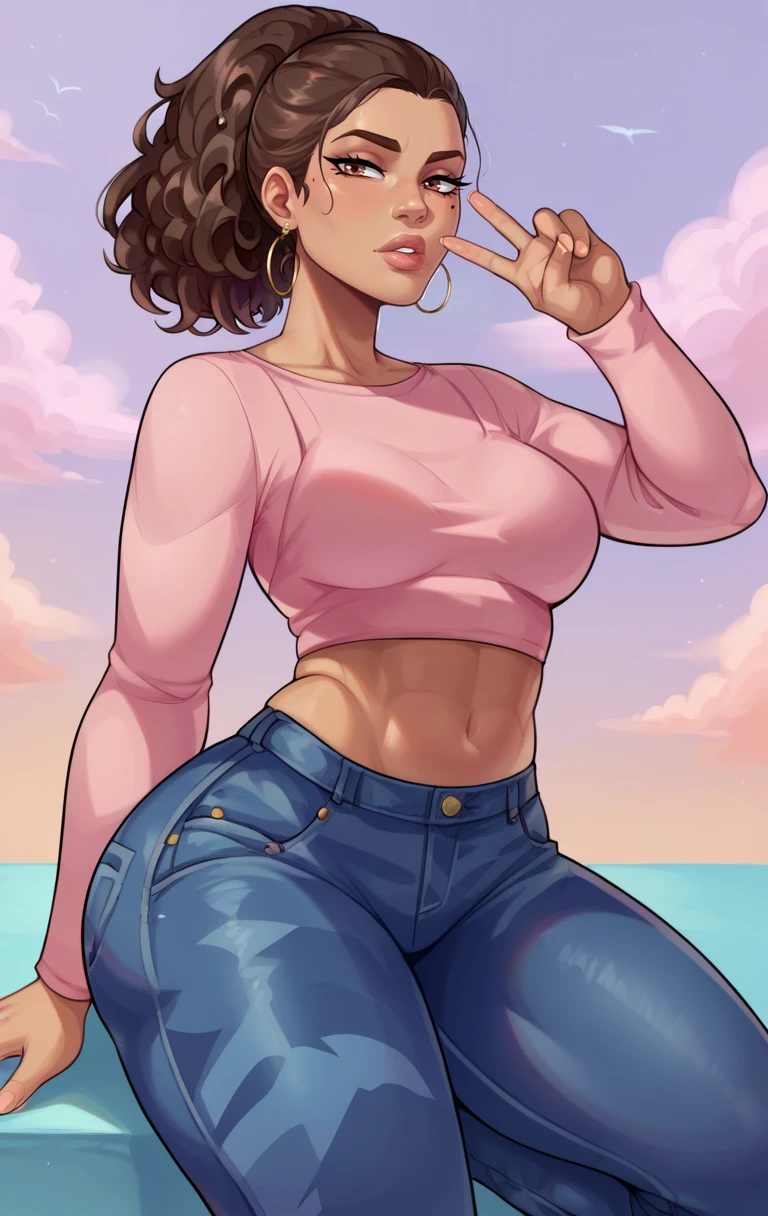 score_9,score_8_up,score_7_up,zPDXL2,zPDXLxxx,zPDXL3,<lora:Lucia:1>,1girl,brown hair,shirt,brown eyes,pants,dark skin,medium hair,mole,dark-skinned female,jeans,lips,crop top,ponytail,camouflage pants,denim,mole under  eye,pink shirt,sunset,jeans,blue pants,kneeling, v