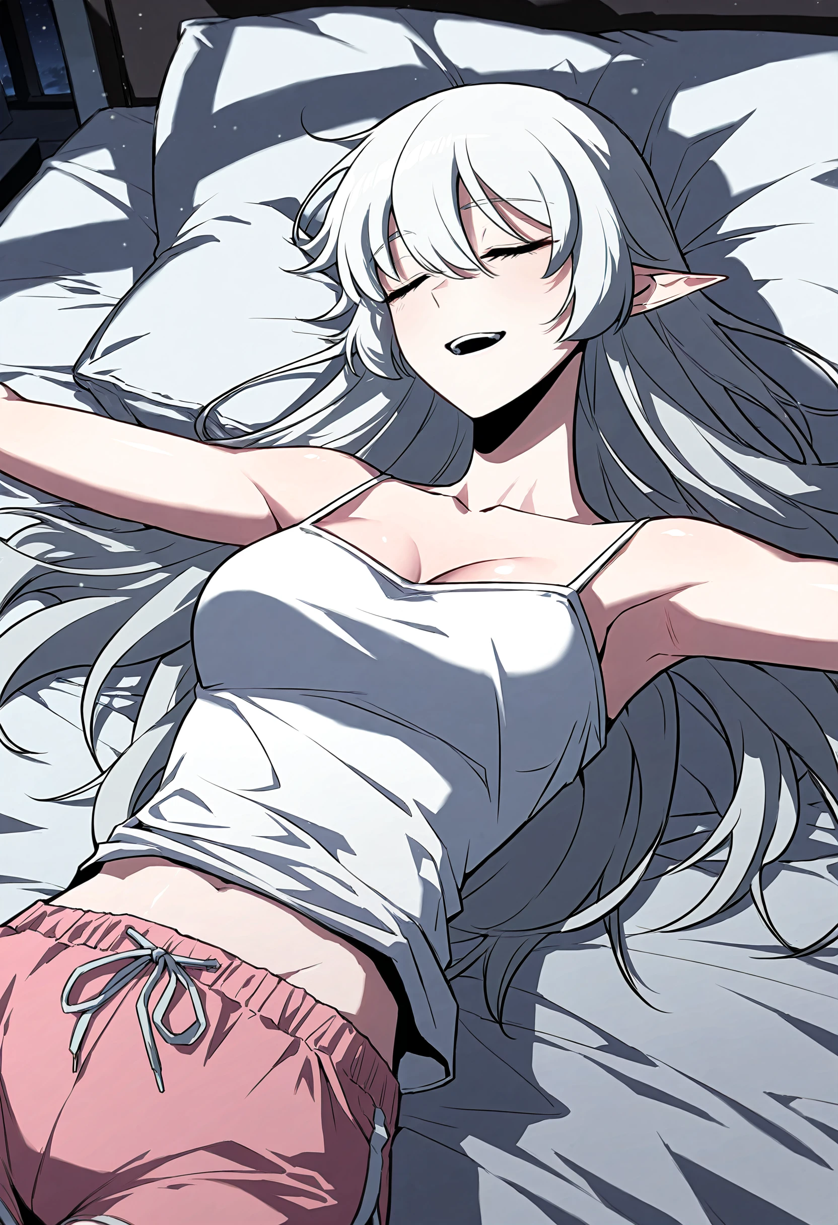 masterpiece, best quality, amazing quality, very aesthetic, absurdres, newest, scenery, 1girl, solo, medium breasts, smile, sleeping, open mouth, <lora:Alice von Ataraxia young illustxl:0.9> long hair, closed eyes, grey hair, white hair, pointy ears, hair between eyes, white camisole, pink shorts, short shorts, dolphin shorts, upper body, lying, pillow, on back, on bed, spread arms, bedroom, dark, night, inside, looking away, shiny skin, masterpiece, best quality, amazing quality, very aesthetic, absurdres, newest, scenery