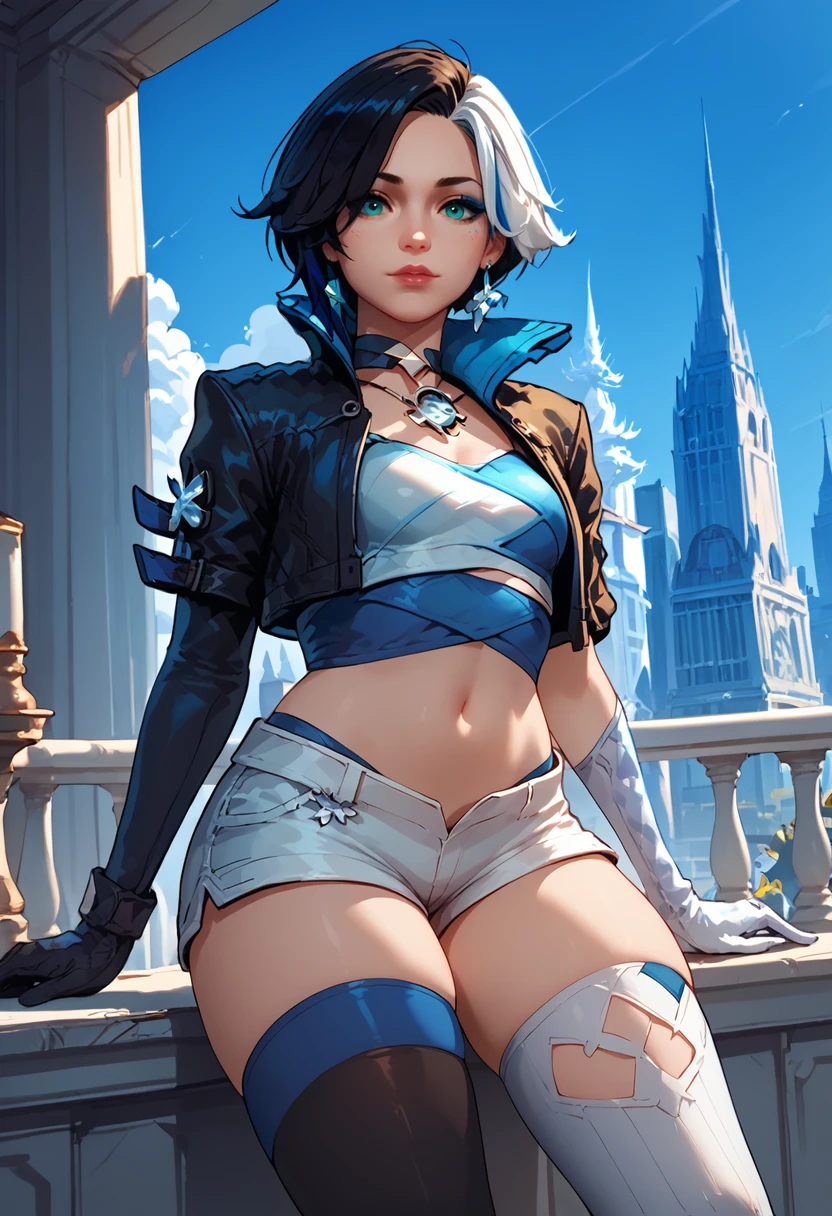 score_9, score_8_up, score_7_up, score_6_up, score_5_up, score_4_up, masterpiece, ultra-detailed, high resolution,

lunafrost, 1girl, thighhighs, solo, gloves, shorts, cropped jacket, navel, asymmetrical legwear, looking at viewer, multicolored hair,