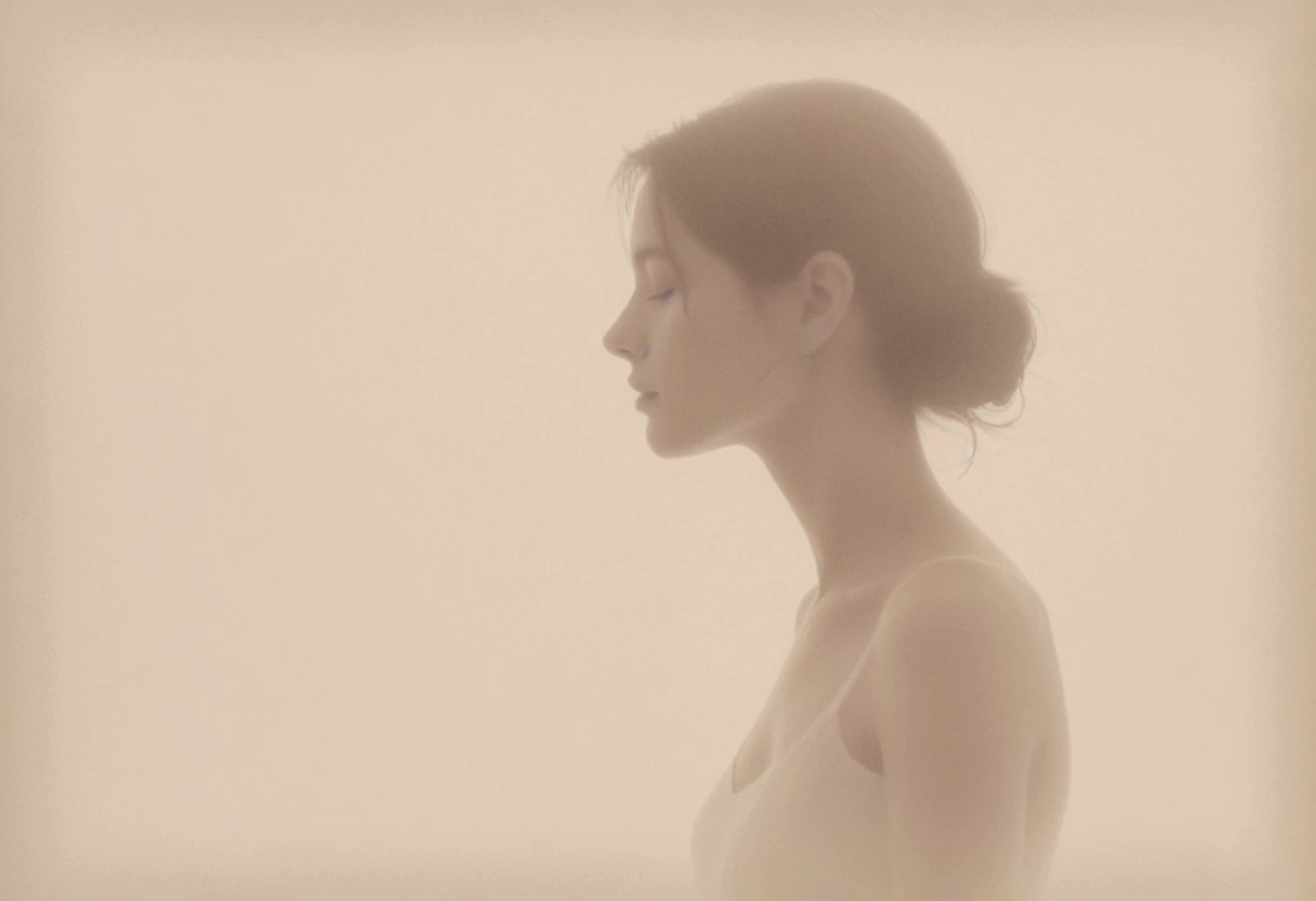 n aesthetic, minimalist depiction of a female profile in side view. The focus is on the soft contours and calm, monochromatic tones. The scene feels mystical and dreamy, almost as if viewed through a delicate mist, with gentle light accentuating the silhouette. The background is diffuse and creamy white, drawing attention to the elegant simplicity of the figure.