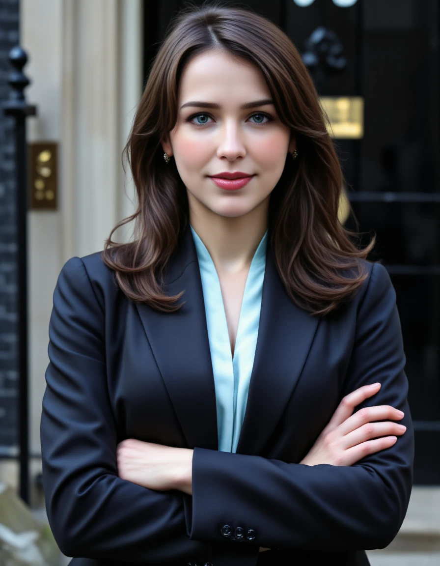 <lora:st3fj00st_F1D_SGX:1>,(medium close-up) photograph of (beautiful 22 year old) (st3fj00st:1.2) woman with dark hair,as the British Prime Minister,wearing a (dark suit with light blue blouse:1.2),standing in front of Number 10 Downing Street in London,(arms crossed with confident smile),heirloom jewelry, face focus,sharp focus,depth of field,facing viewer,rich details,clear shadows and highlights,realistic,highly detailed,sfw,(no cleavage:1.2),(no midriff:1.2),(no cleft chin:1.1),