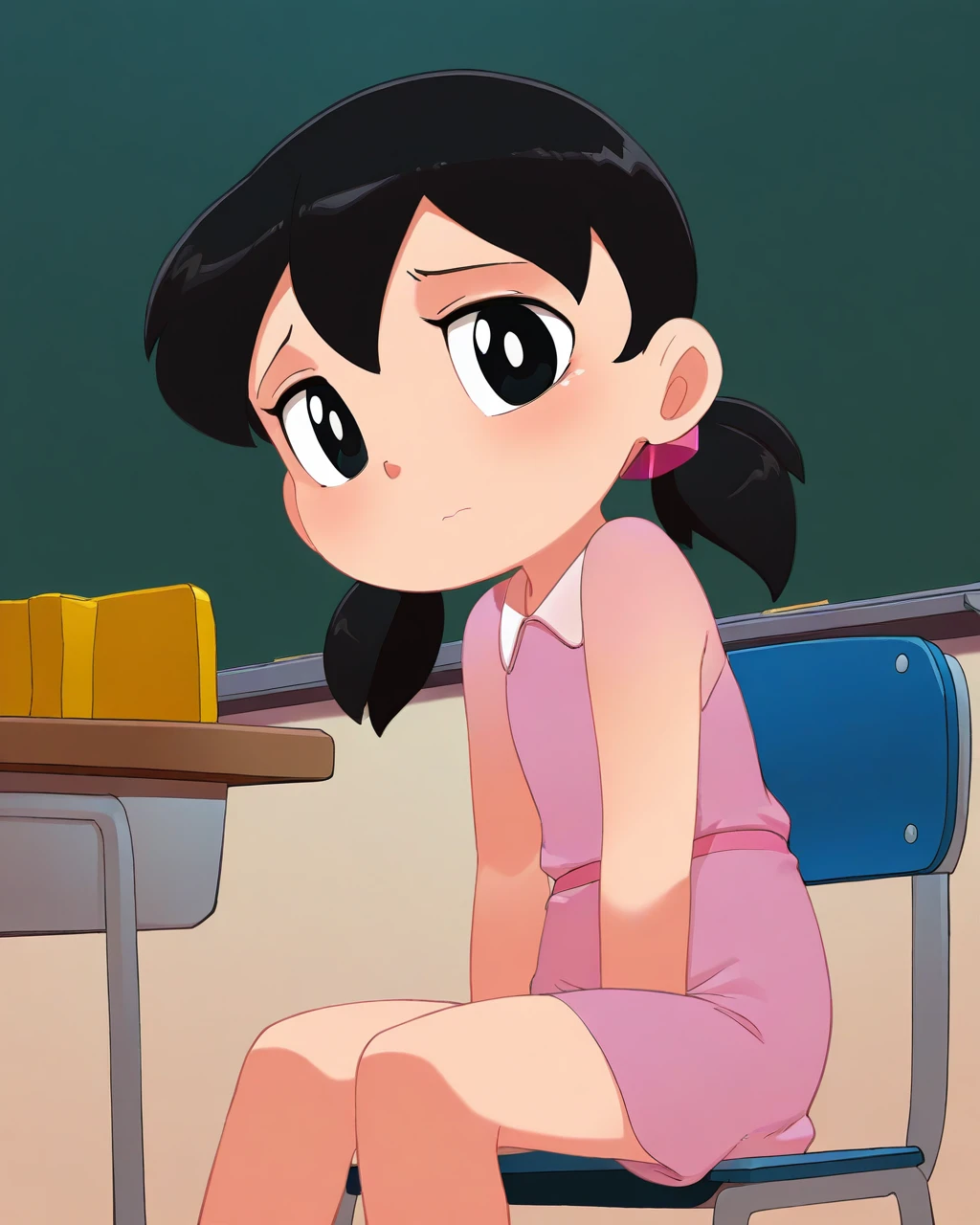 masterpiece, best quality, 1girl, bldmn, solo, minamoto shizuka, black hair, twintails, black eyes, {pink dress|pink shirt, long sleeves, blue short skirt|student uniform|police uniform}, {standing|sitting|walking}, {smile|embarrassed, blush|sad}, {looking at viewer|looking away}, {city|living room, window, cloudy|library, window|classroom}