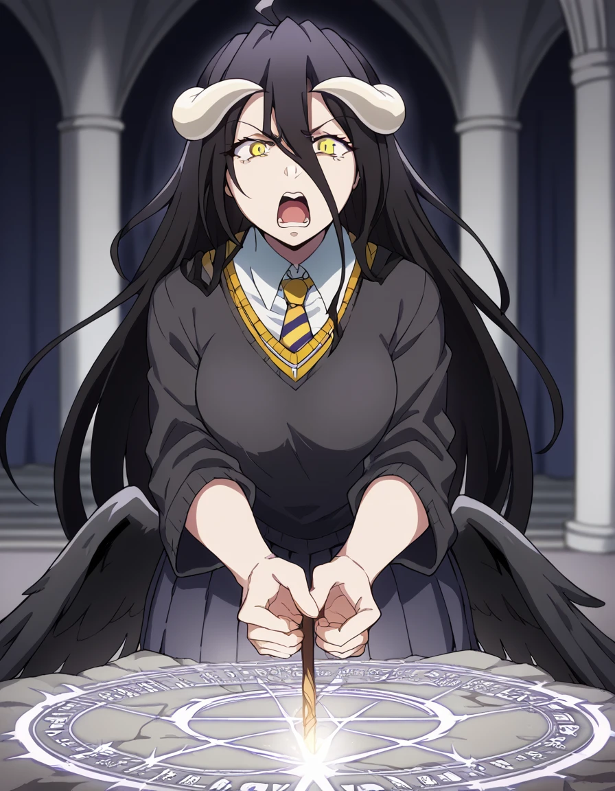 score_9, score_8_up, score_7_up, source_anime, <lora:overlord-albedo-s1s2-ponyxl-lora-nochekaiser:1>, albedo, ahoge, black hair, horns, long hair, yellow eyes, large breasts,, <lora:hogwarts-school-uniform-ponyxl-lora-nochekaiser:1> hogwarts school uniform, black robe, holding wand, wand, necktie, striped necktie, collared shirt, sweater, pleated skirt, grey sweater,, open mouth, casting spell, energy, magic circle, glowing, indoors, castle, shouting, angry,, cowboy shot,