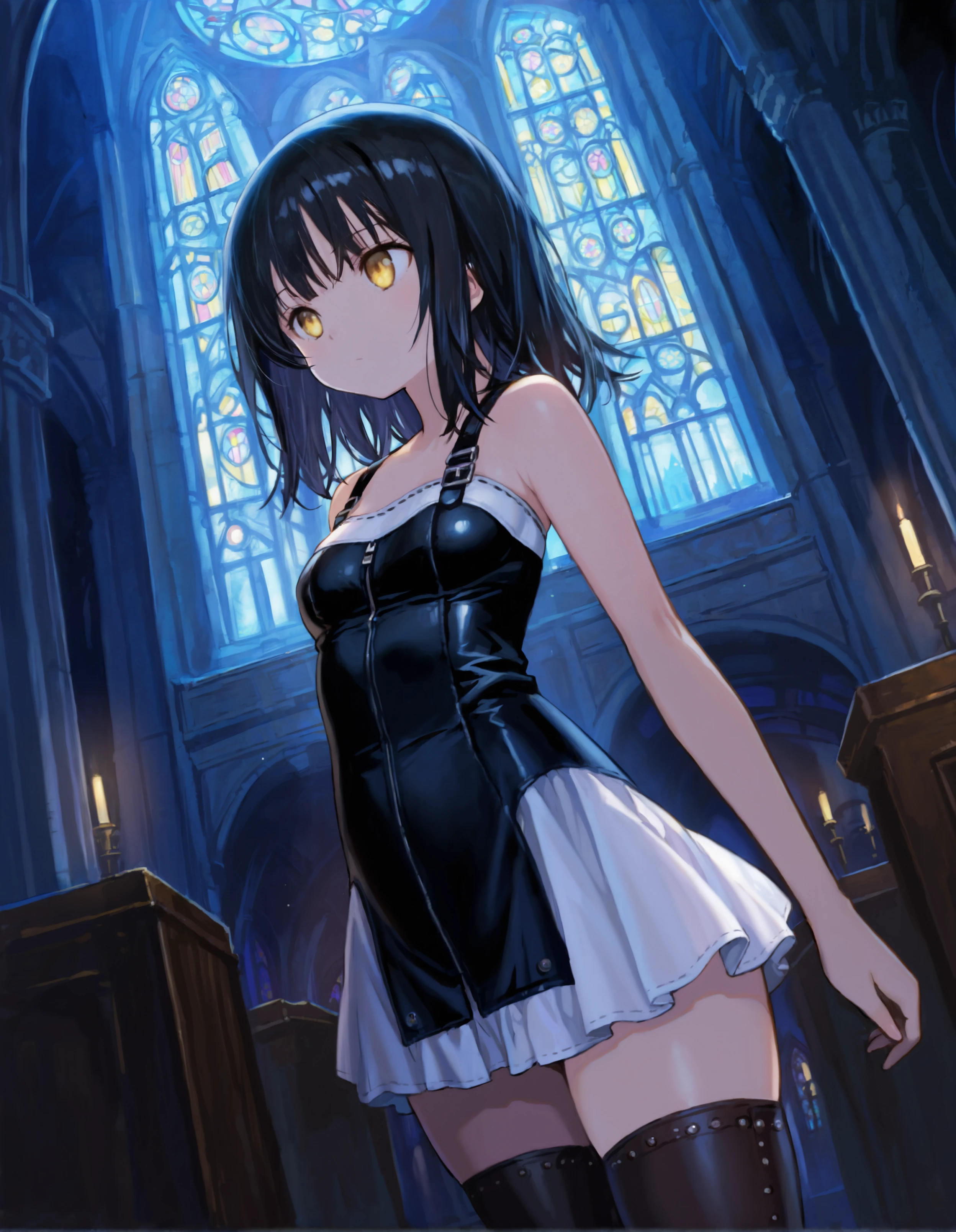 1girl, masterpiece, rangestyle, small breasts, dark room, cathedral, indoors, two-tone dress, stitching, sleeveless, leather pinafore dress, night time, stained glass, rivets, thighhighs, angle, moody lighting, zettai ryouiki, leather, black hair, yellow eyes,  solo, <lora:IllustriousXL_Murata_Range_Clothing_Style-000009:1>