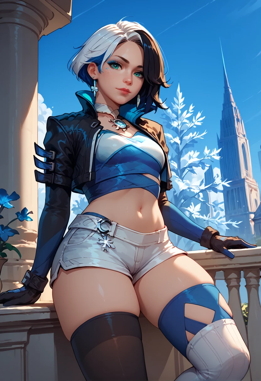 score_9, score_8_up, score_7_up, score_6_up, score_5_up, score_4_up, masterpiece, ultra-detailed, high resolution,

lunafrost, 1girl, thighhighs, solo, gloves, shorts, cropped jacket, navel, asymmetrical legwear, looking at viewer, multicolored hair,