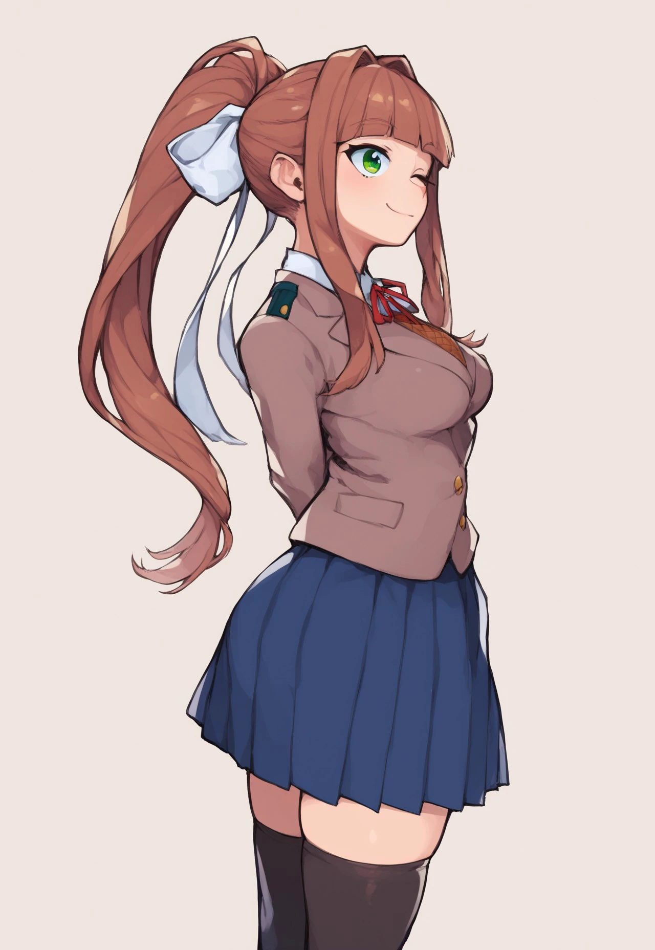 safe_pos, ddlcmonika, blunt bangs, brown hair, green eyes, long hair, ponytail, ribbon, white ribbon, hair ribbon, sidelocks, black thighhighs, blue skirt, brown jacket, jacket, long sleeves, mary janes, over-kneehighs, school uniform, shoes, thighhighs, zettai ryouiki
,masterpiece,best quality, score_9, score_8_up, score_7_up, score_6_up,source_cartoon, winking, medium breasts, polka dot background, 1girl, thin hips, hip dips, from side, big ass, perky breasts, Kohei Horikoshi, My Hero Academia