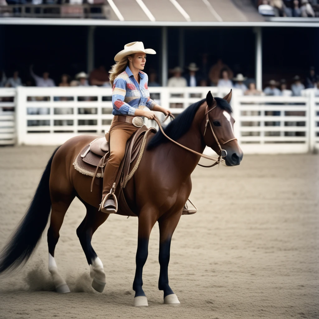 analog film photo  <lora:Jeri_Ryan:1> jeryan, jeri_ryan, The model rides a powerful chestnut horse, leaning sharply as they round a barrel in a rodeo arena. Sheâs dressed in a brightly colored Western shirt, leather chaps, and a wide-brimmed cowboy hat. A telephoto lens at 300mm captures the dramatic action from a distance, freezing the dust and tension. The harsh sunlight of mid-morning creates sharp shadows, emphasizing her focused expression and the horseâs muscular movement. . faded film, desaturated, 35mm photo, grainy, vignette, vintage, Kodachrome, Lomography, stained, highly detailed, found footage